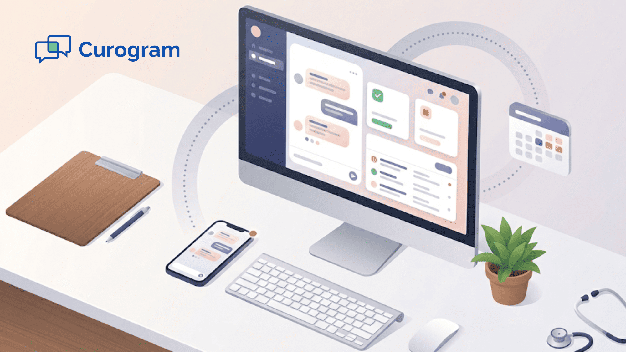 Clean editorial illustration of a medical front desk workspace showing unified patient communication flowing between a monitor, smartphone, and appointment calendar