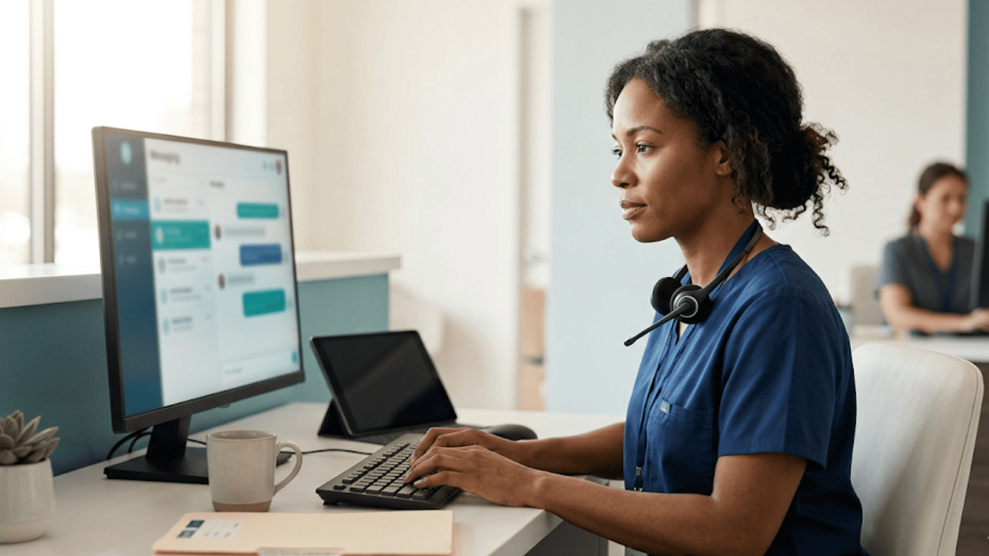 Front desk coordinator at a medical clinic calmly managing patient engagement workflows on her desktop monitor without IT assistance