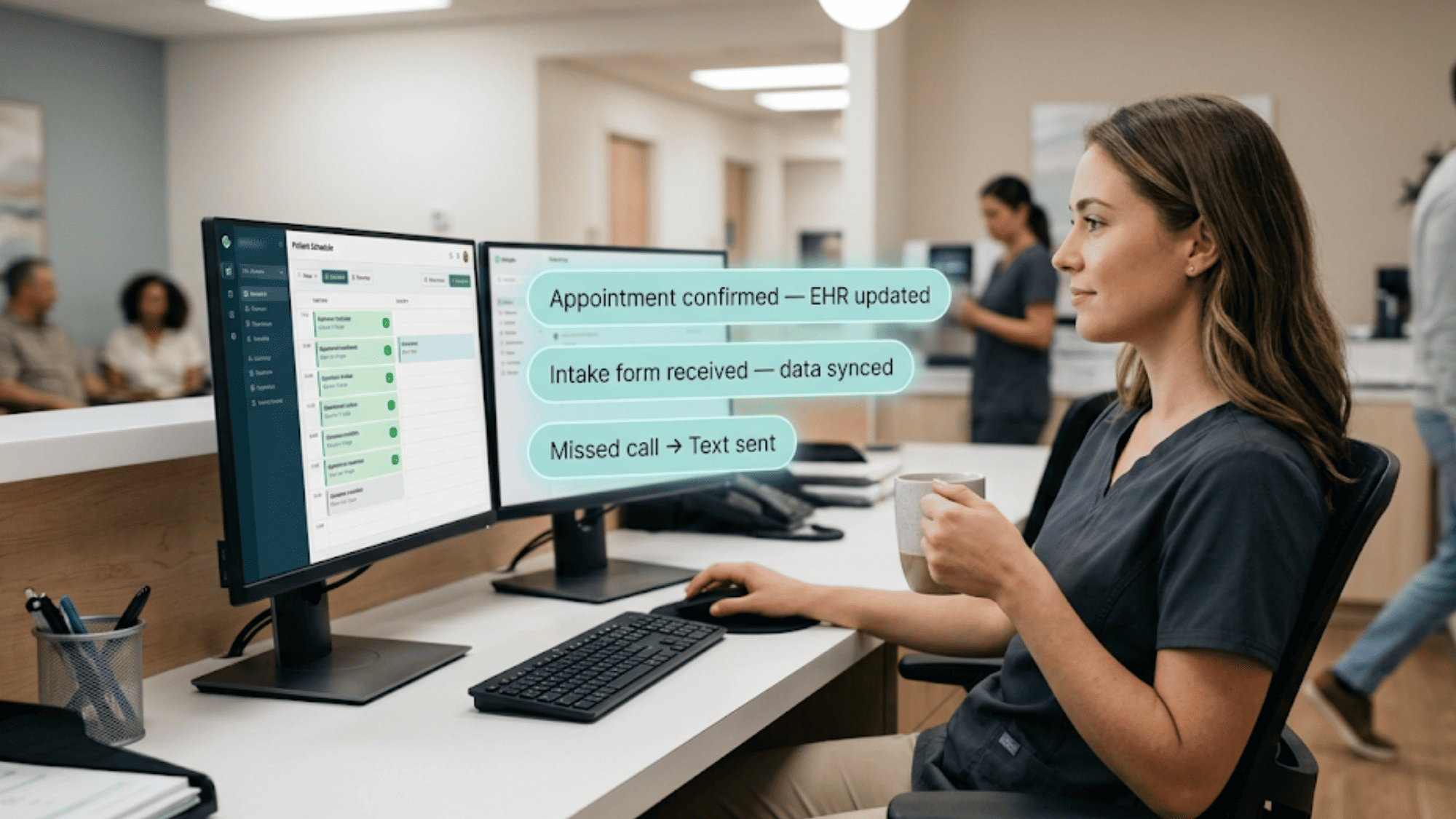 Healthcare front desk worker reviewing a patient schedule on screen while floating digital notifications show automated confirmation and missed-call-to-text alerts processing in the background