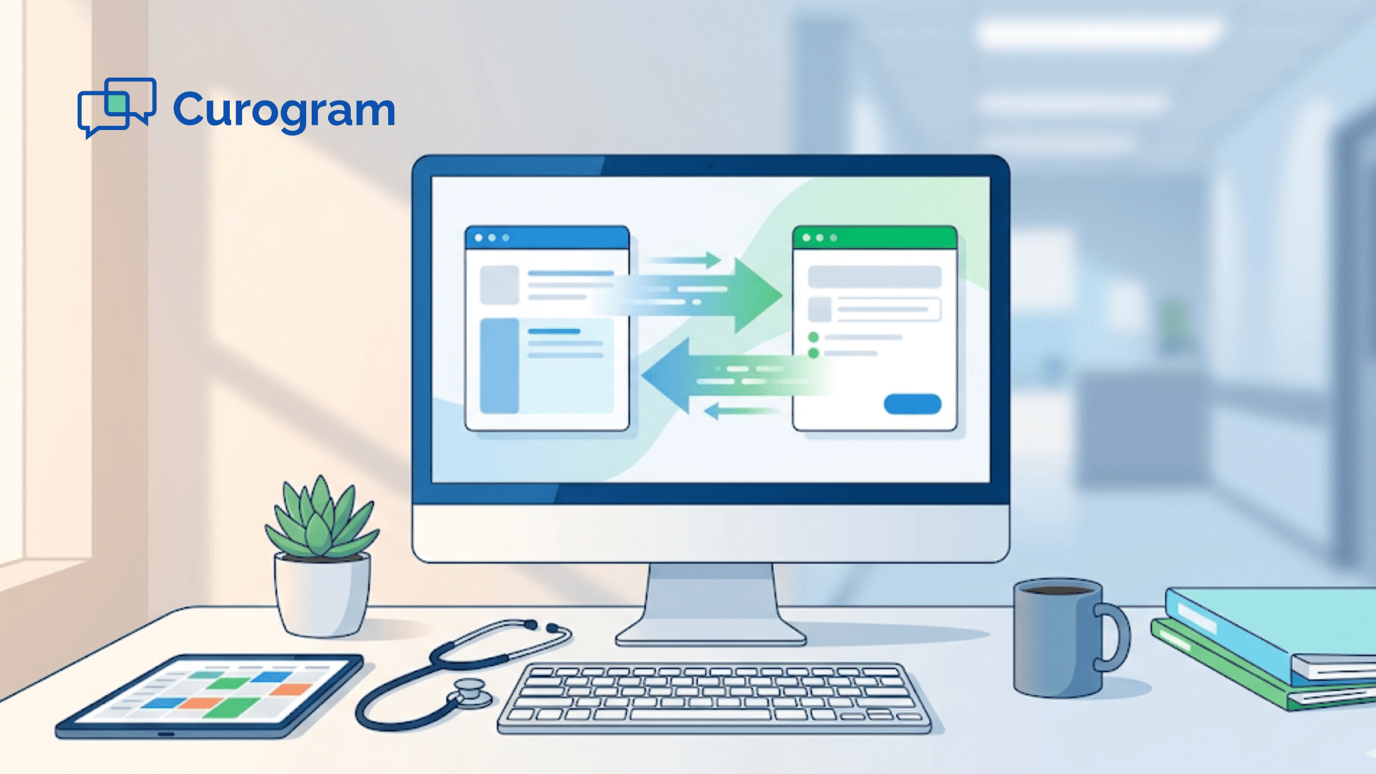 Clean healthcare workspace illustration showing real-time two-way data exchange on screen with clinical tools and devices on a modern office desk