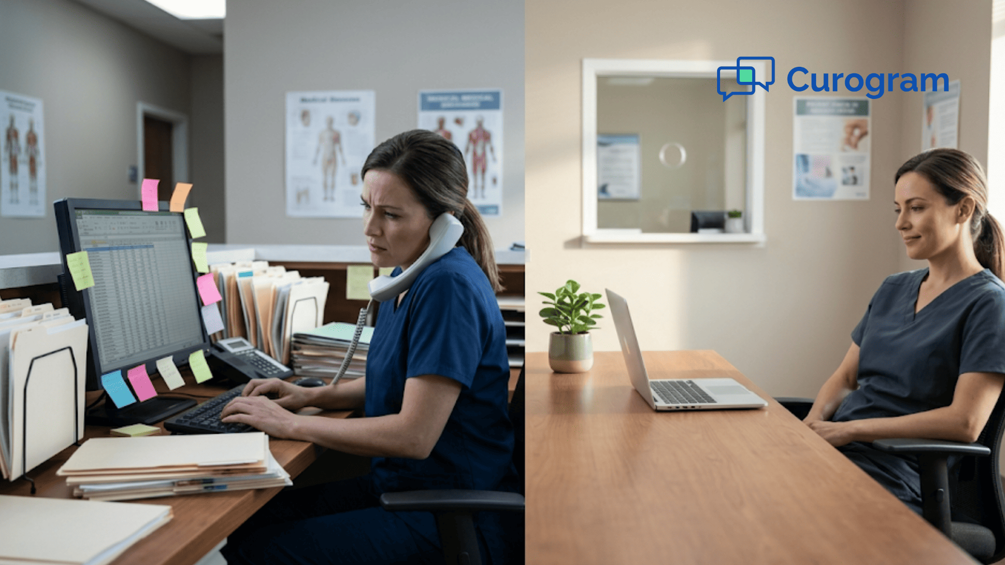 Two medical office staff members at the same front desk showing cluttered manual workflow versus clean automated workspace