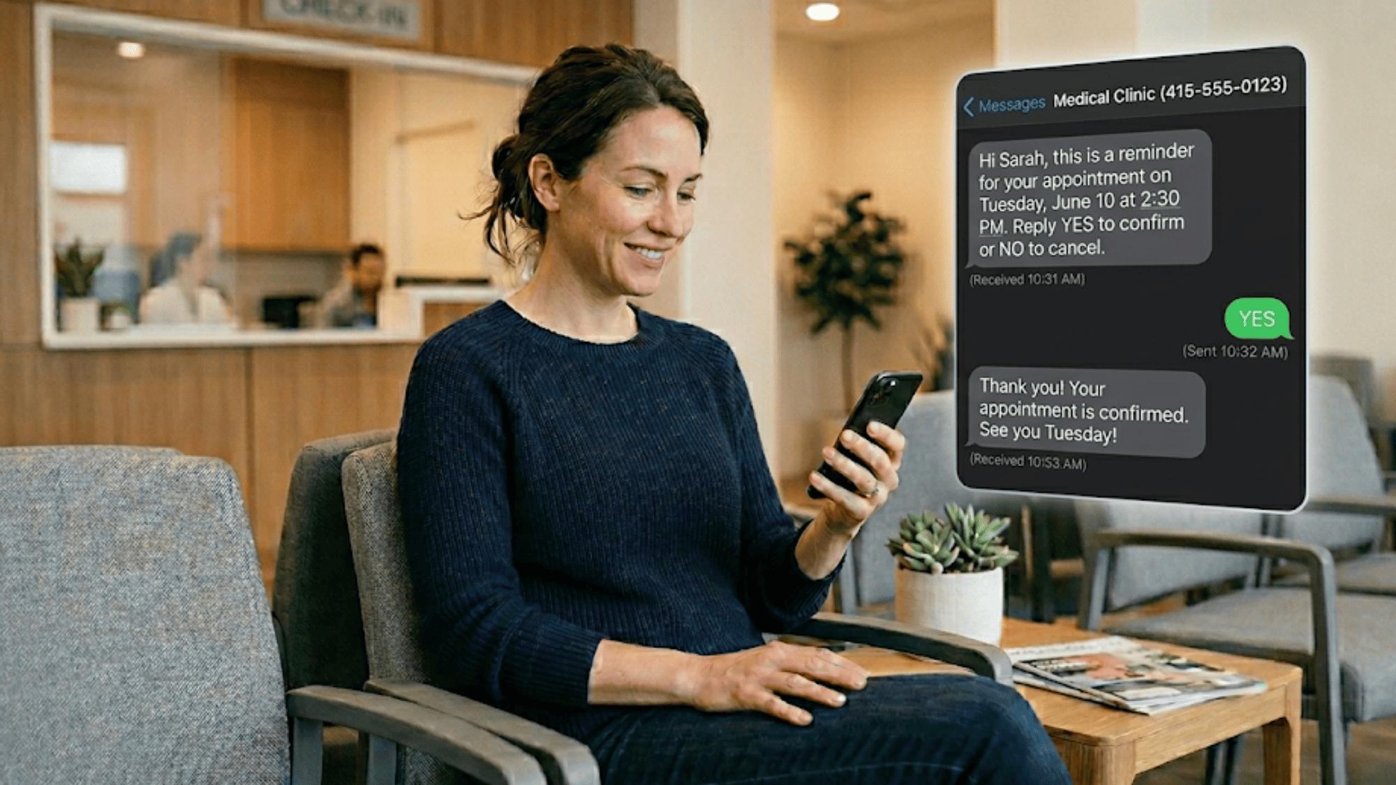 Patient in a clinic waiting room viewing an automated appointment confirmation text message on her smartphone
