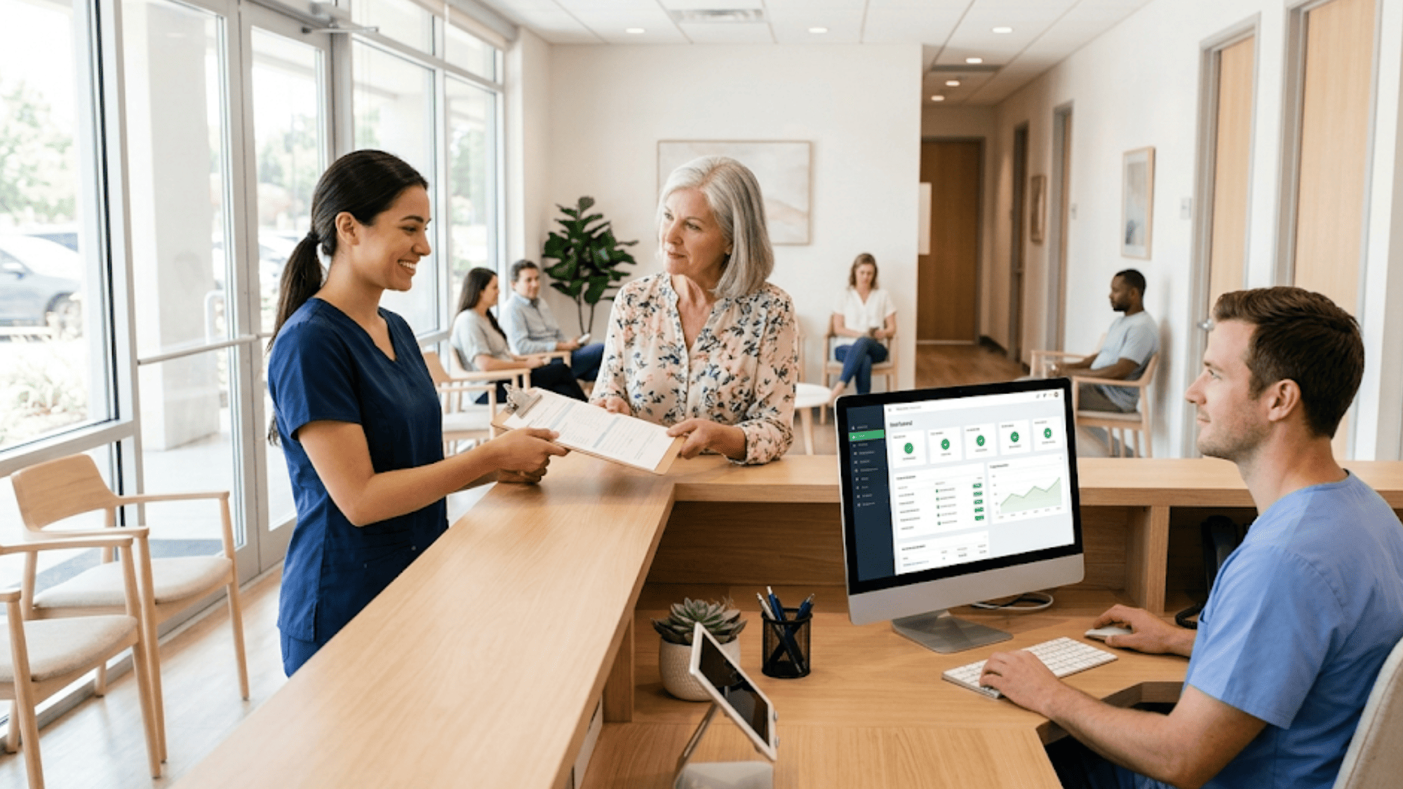 Calm medical office front desk staff greeting patient in clutter-free reception area powered by automated patient engagement tools