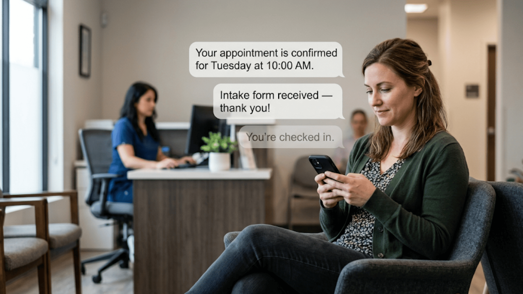 Patient sitting in clinic waiting room viewing automated appointment confirmation and intake messages floating near her phone