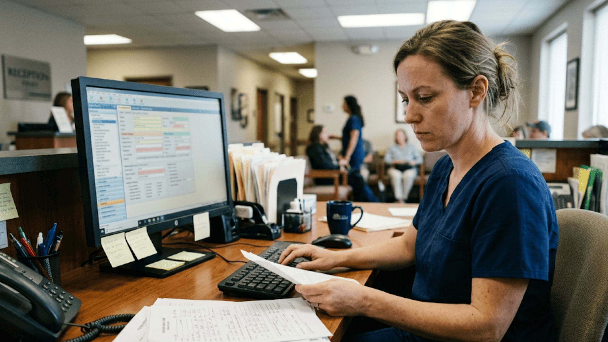 Medical office staff member manually transcribing patient intake form data into EHR system on desktop computer at busy front desk