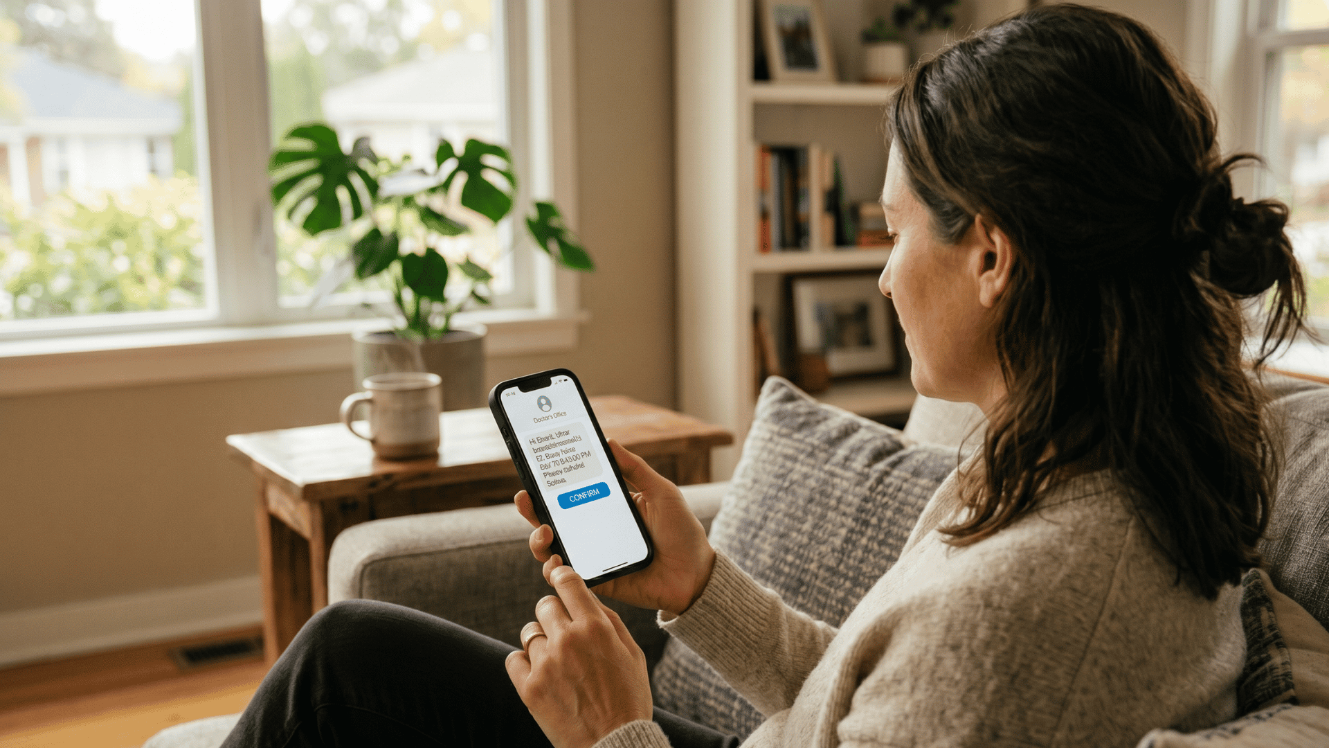 Patient confirming medical appointment on smartphone through automated text from her clinic