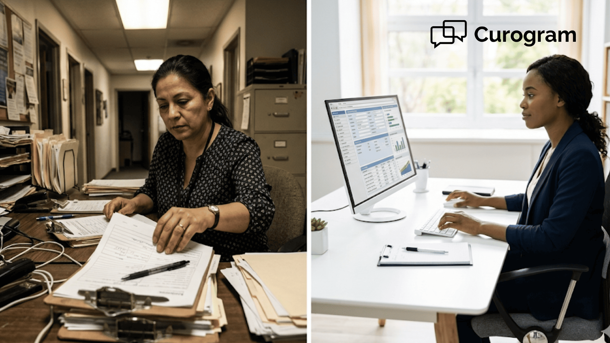 Before and after comparison of a cluttered paper intake desk versus a clean digital workflow at a behavioral health agency