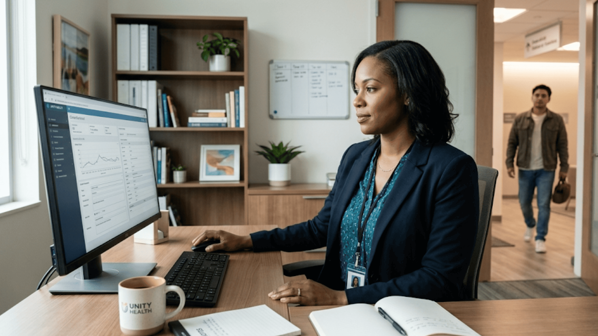Behavioral health worker at a tidy desk reviewing auto-scored assessment data before meeting a client