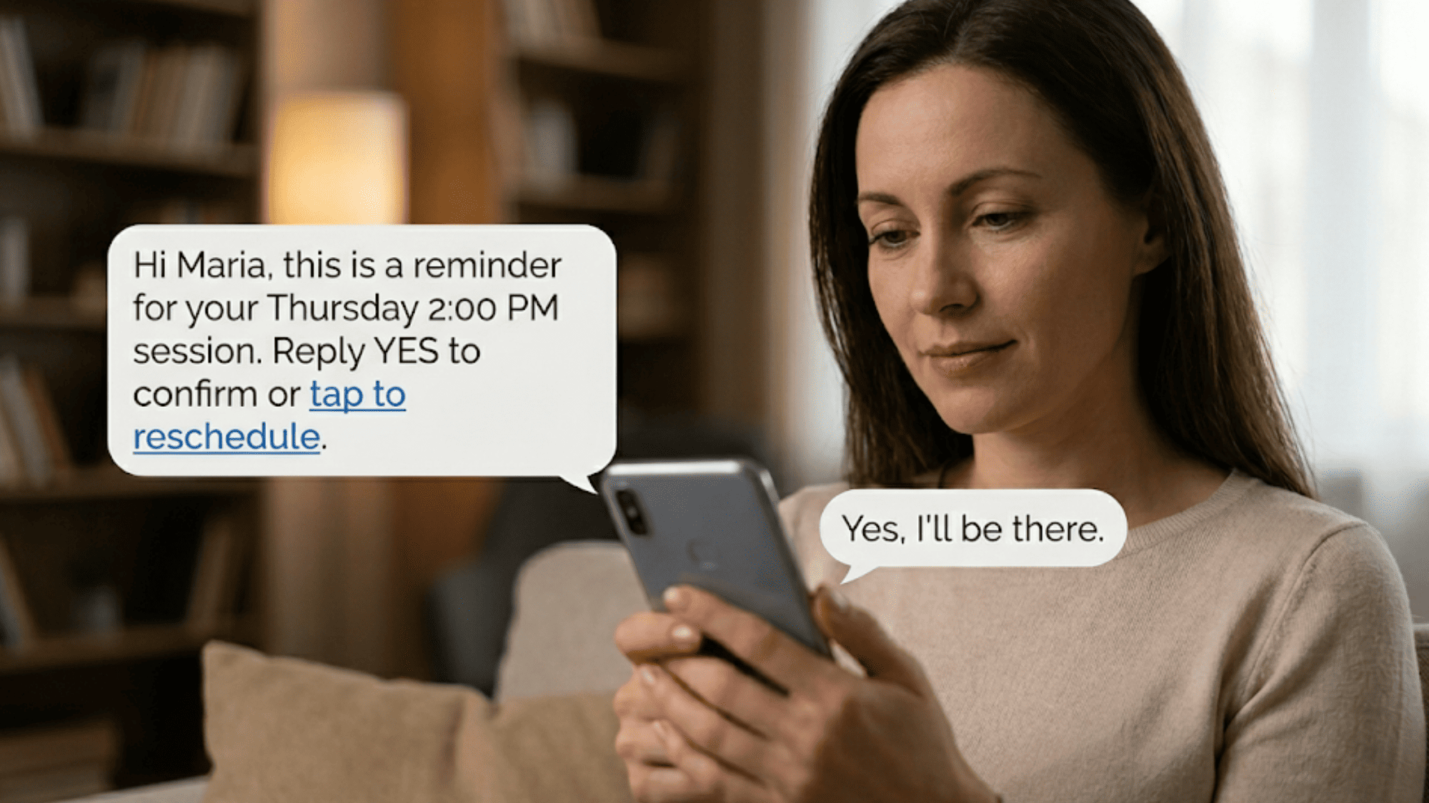 Client confirming a behavioral health appointment by text using Curogram's 2-way SMS reminder