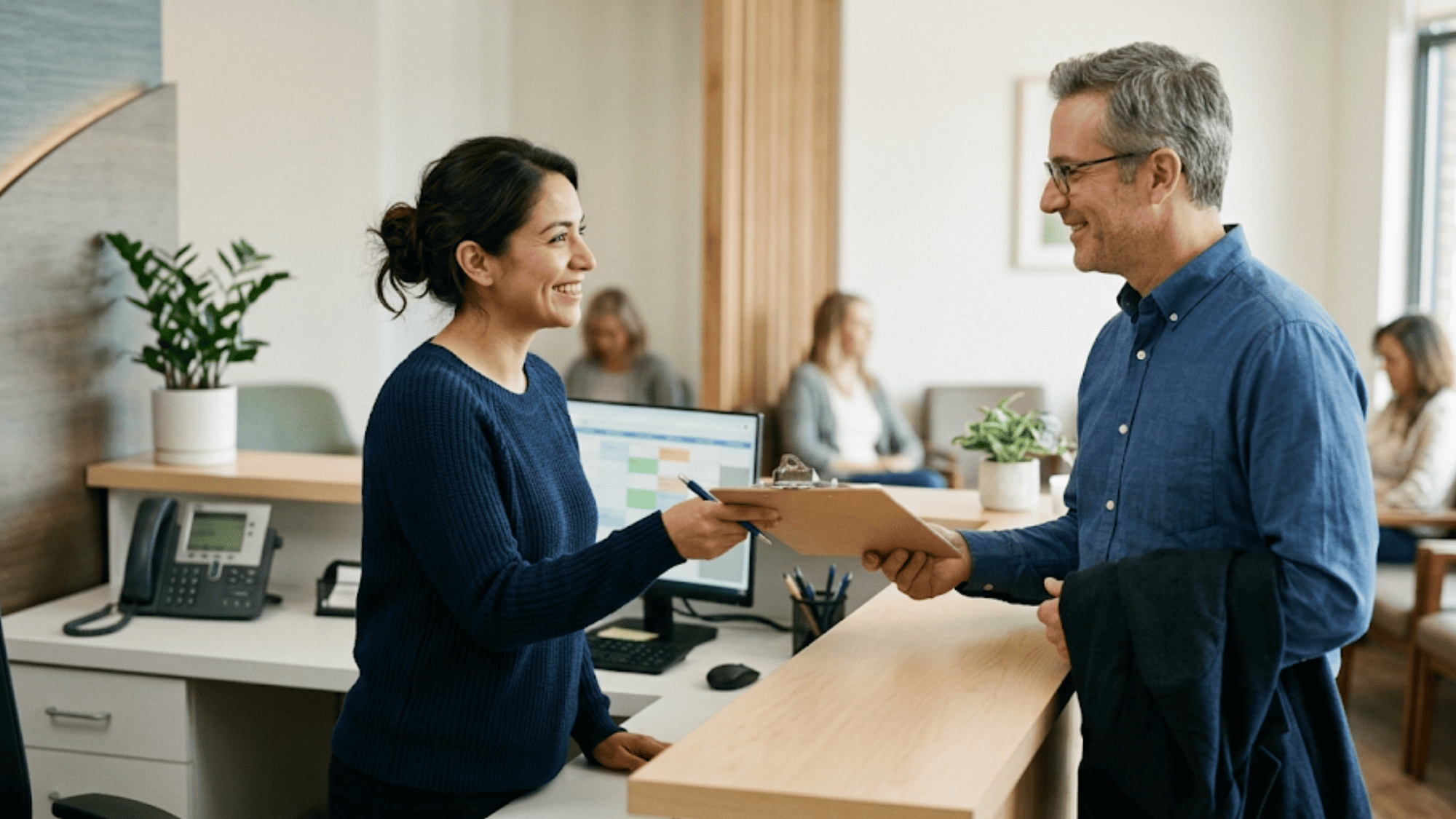 Front desk receptionist warmly greeting a patient at check-in