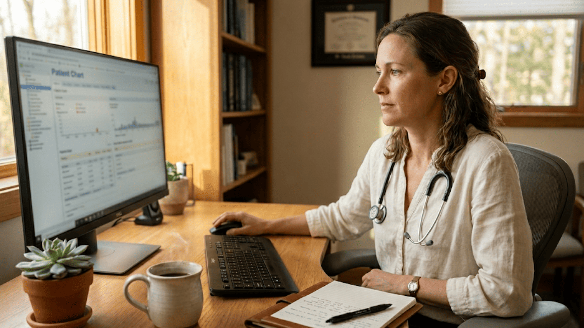 Doctor at desk reviewing a fully filled patient chart
