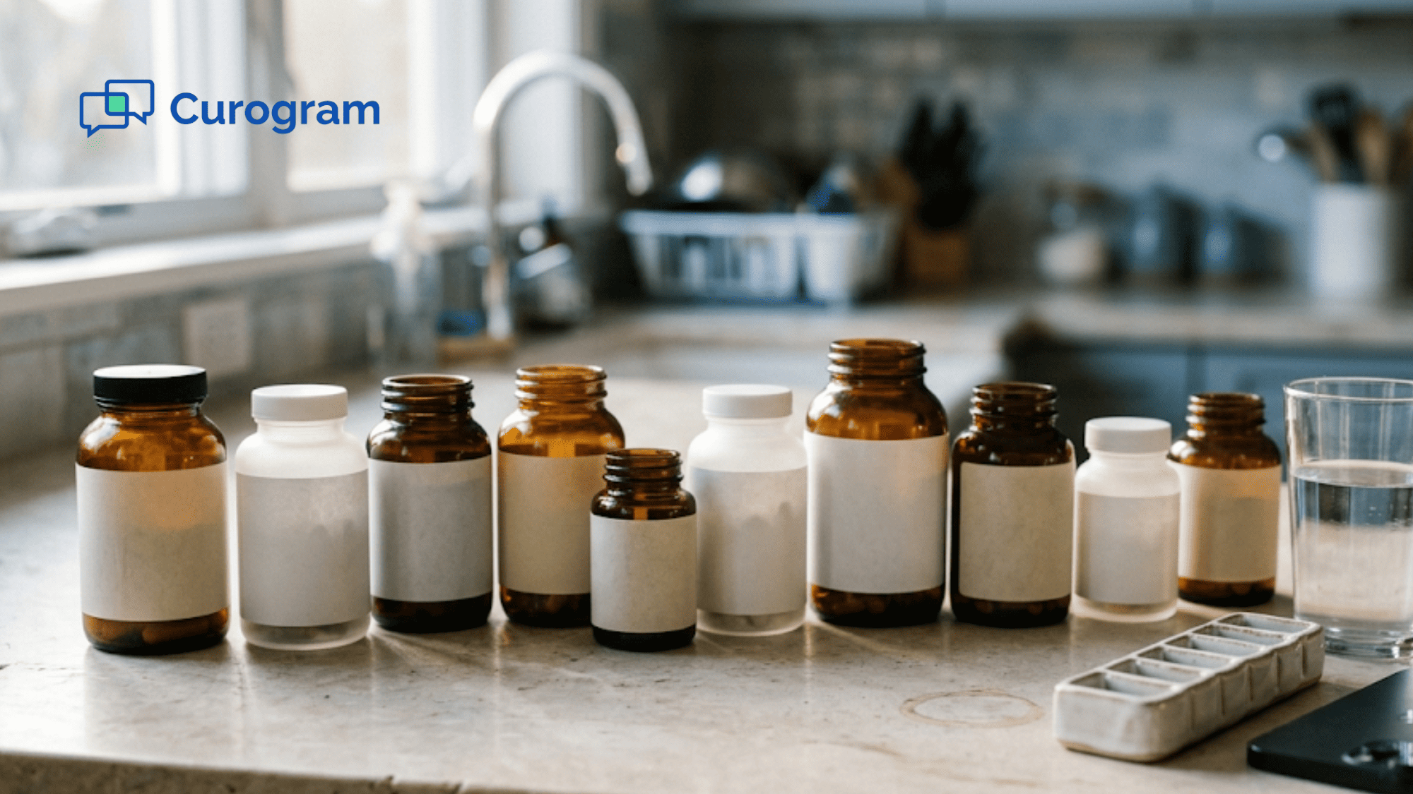 Supplement bottles a patient must list on a functional medicine health history form, lined up on a counter