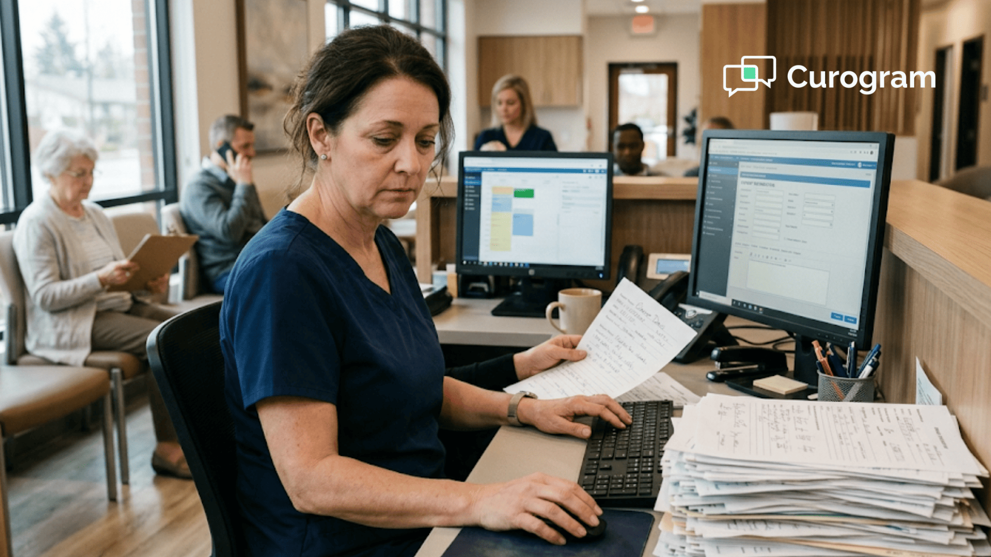 Front desk medical receptionist manually typing paper intake forms into the EHR system at an Elation Health practice