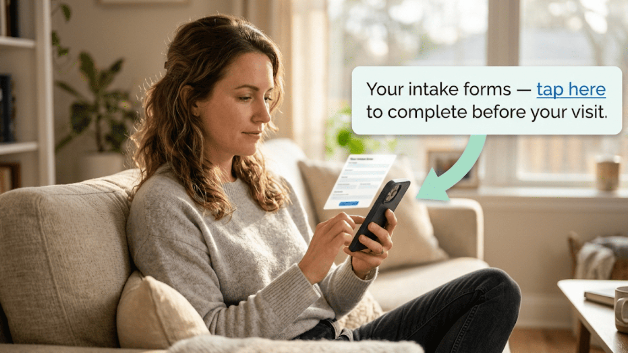 Patient completing digital intake forms on her smartphone at home before her Elation Health appointment