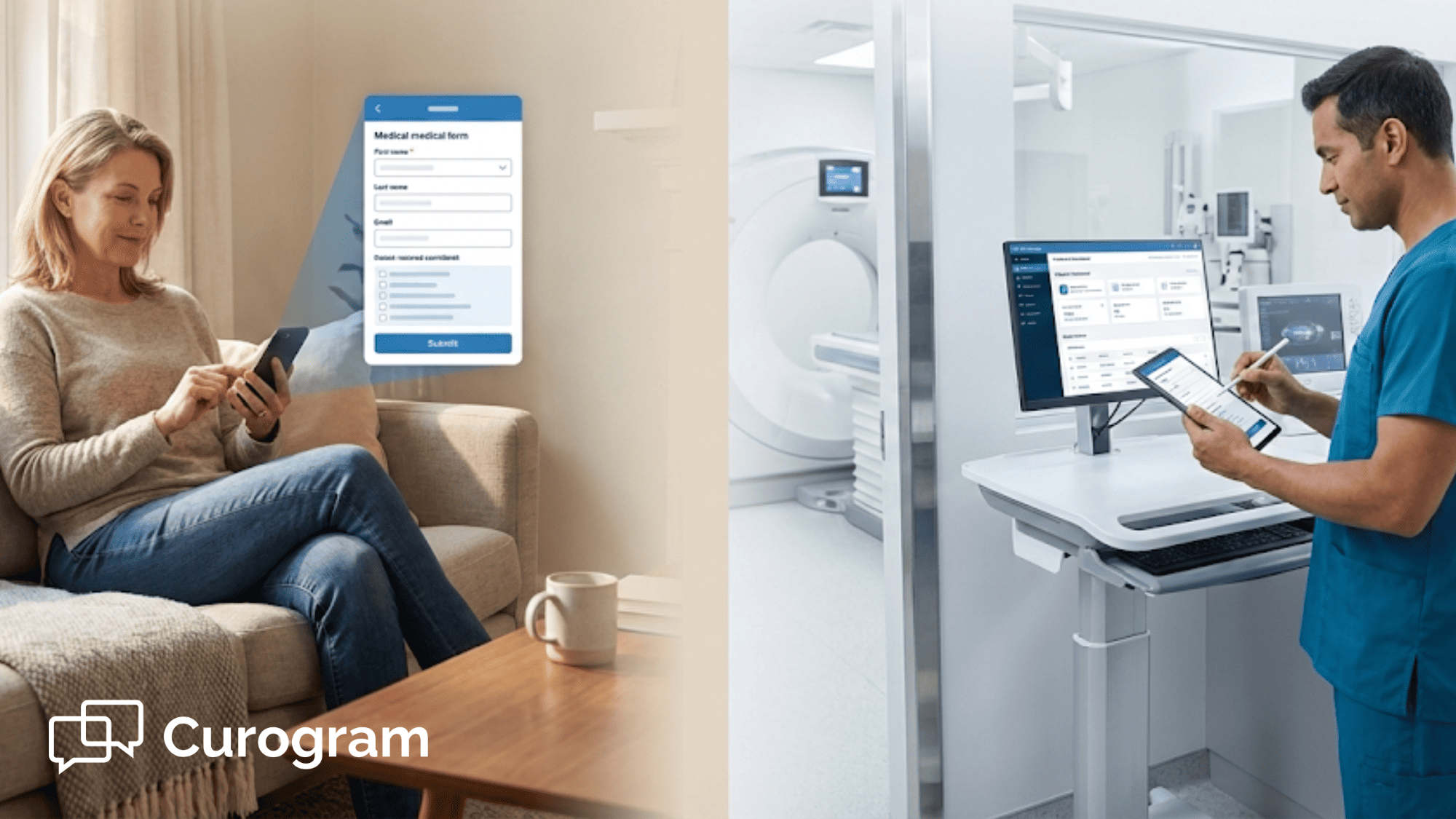 Patient completing online intake form at home while clinical staff reviews data at imaging center