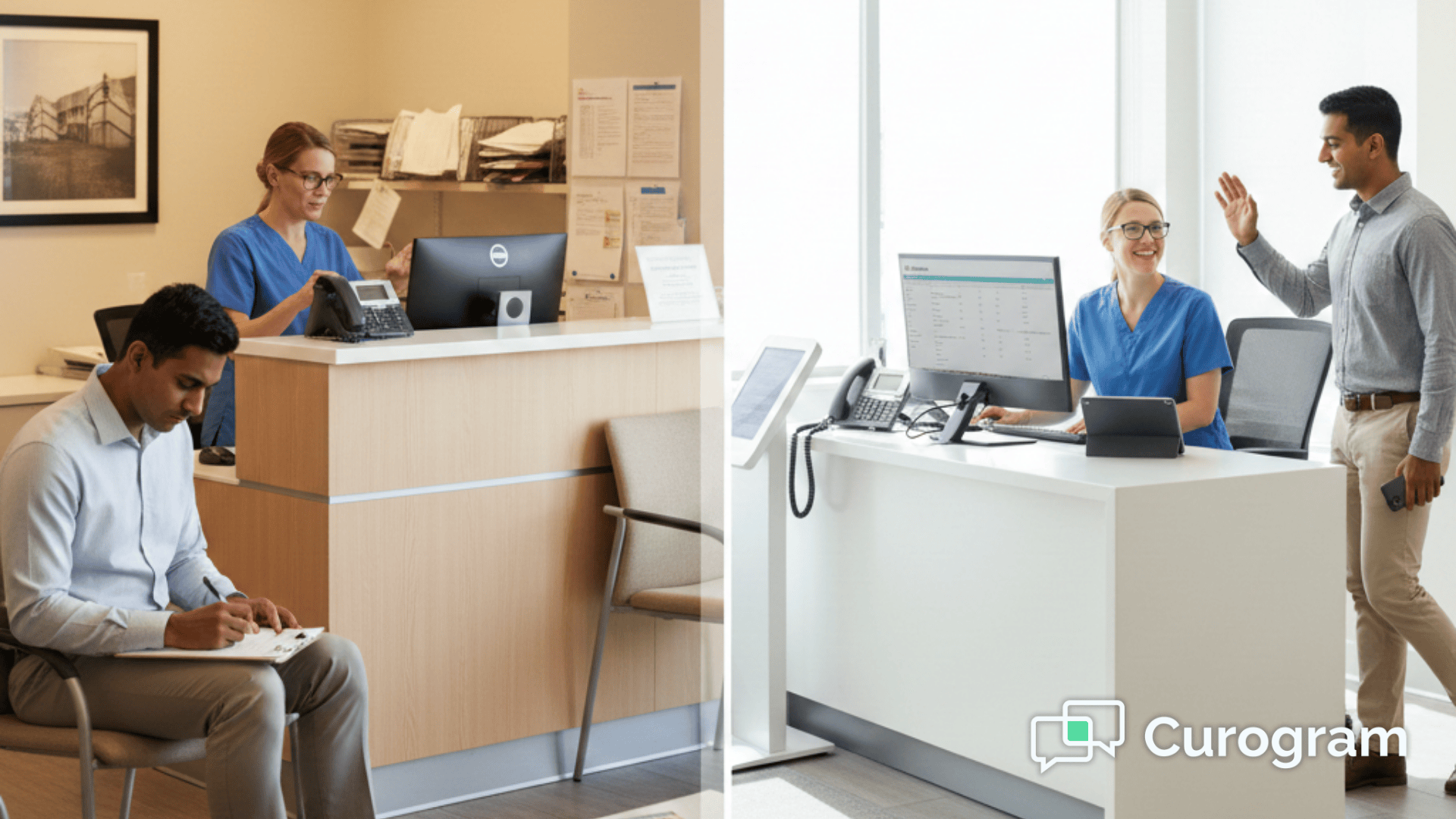 Medical front desk check-in with paper clipboard versus digital patient intake on phone