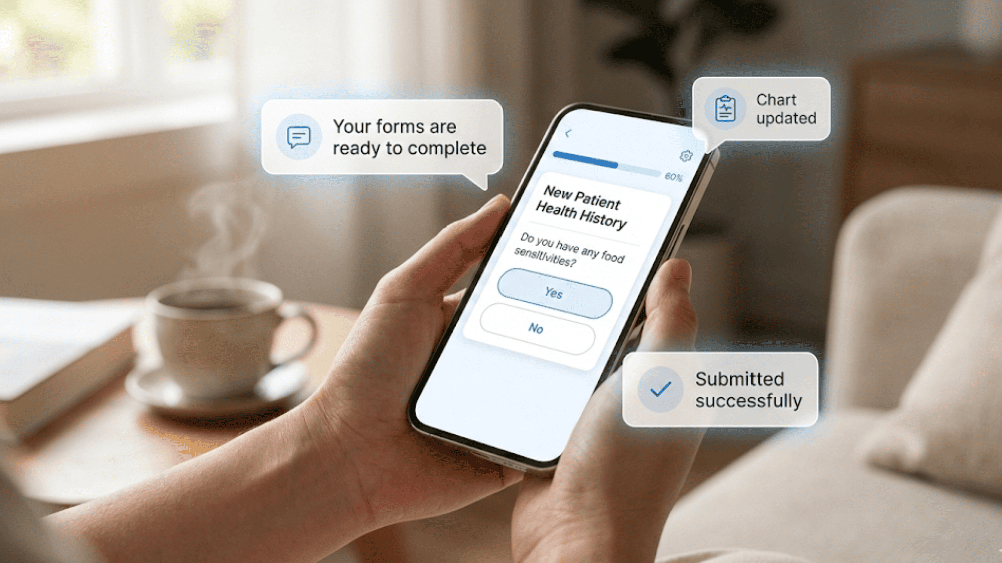 Person completing digital intake form on phone at home with yes and no buttons visible and progress bar showing sixty percent done