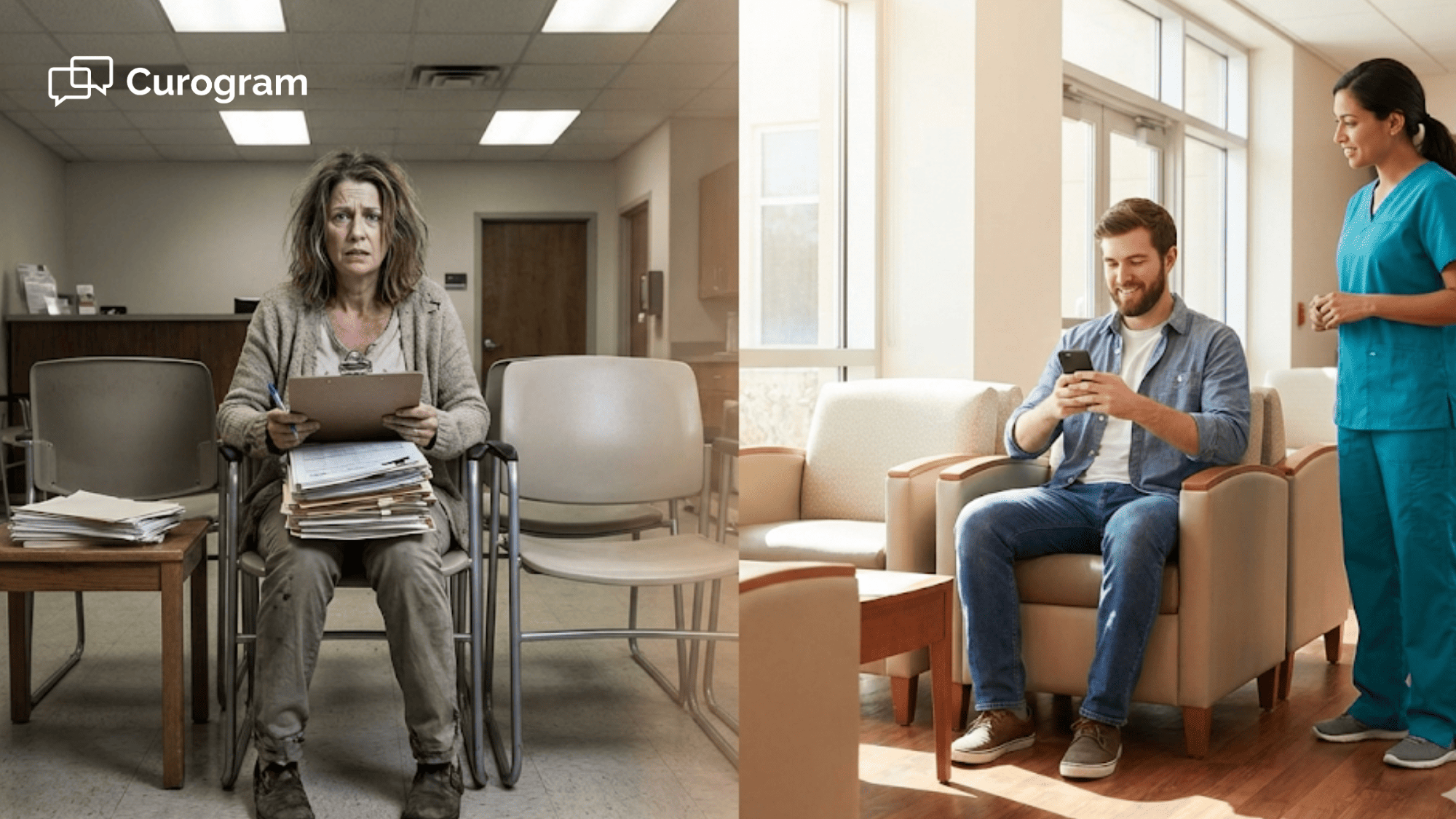 Side by side comparison of paper clipboard intake and digital mobile intake in addiction treatment waiting room