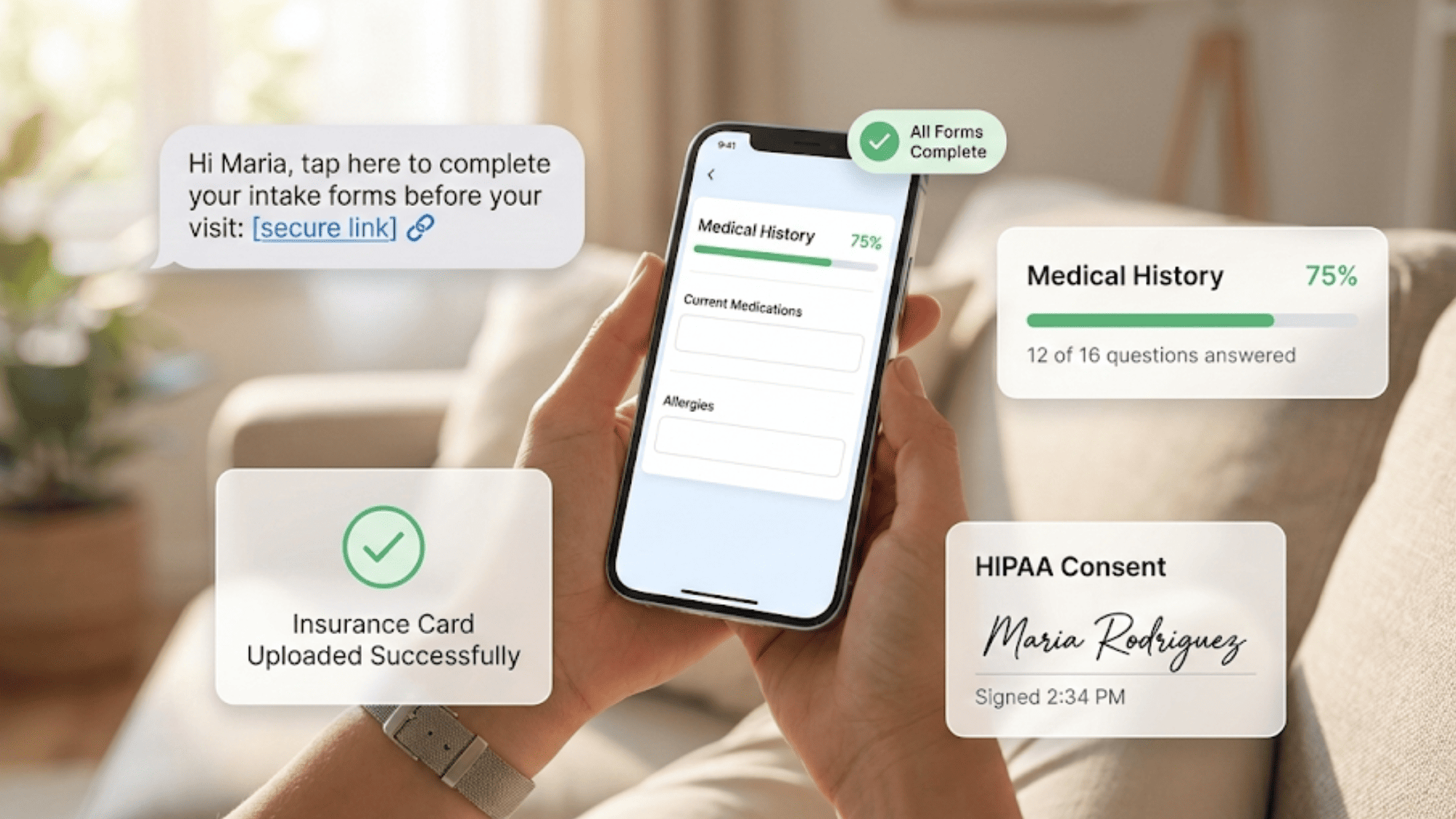 Smartphone displaying mobile intake form with insurance upload and HIPAA consent signature confirmations