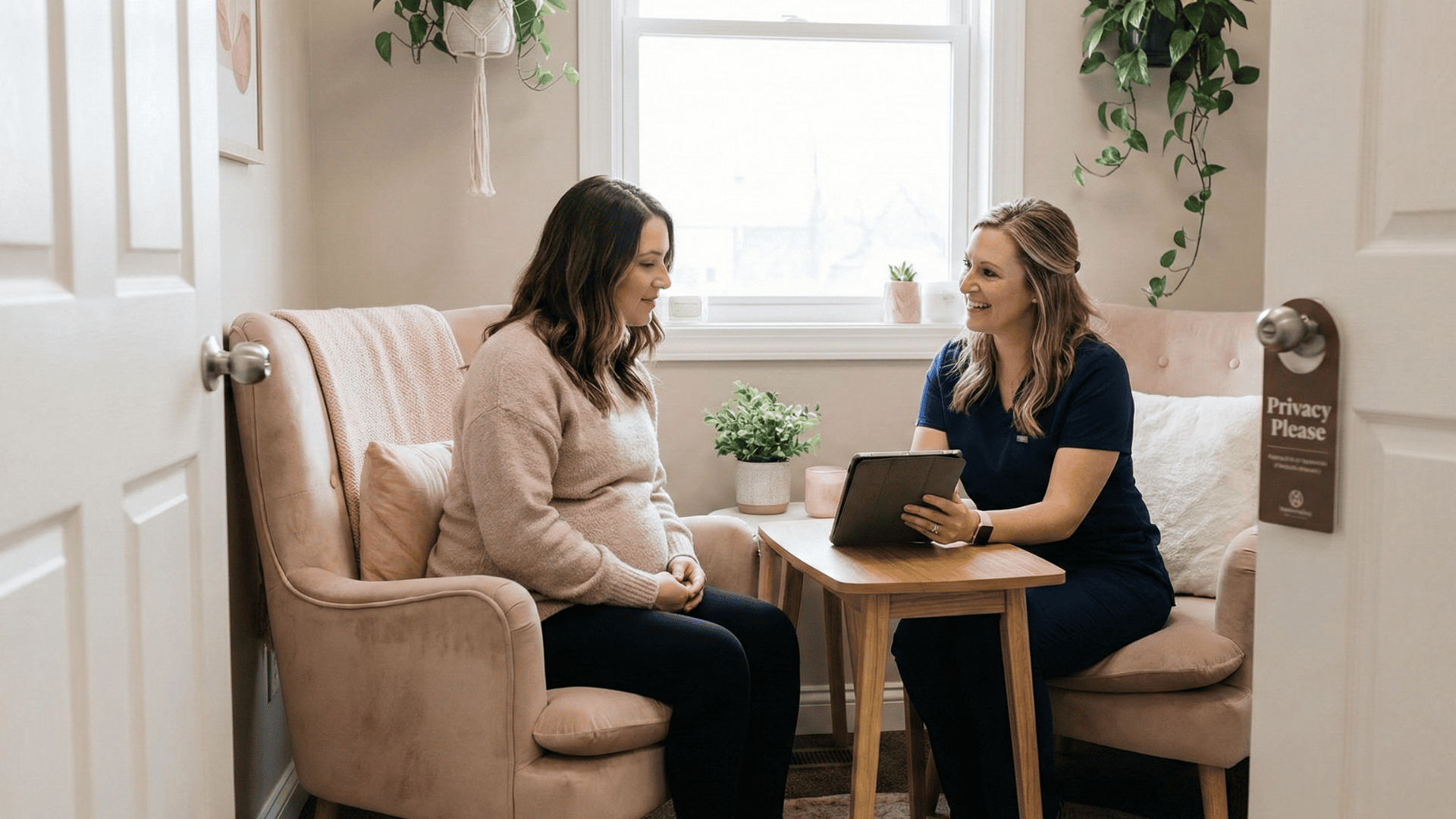 Patient interacting with staff during private intake, emphasizing safety and privacy