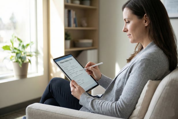 Woman filling out a digital patient history form on a tablet in a psychiatric clinic waiting area