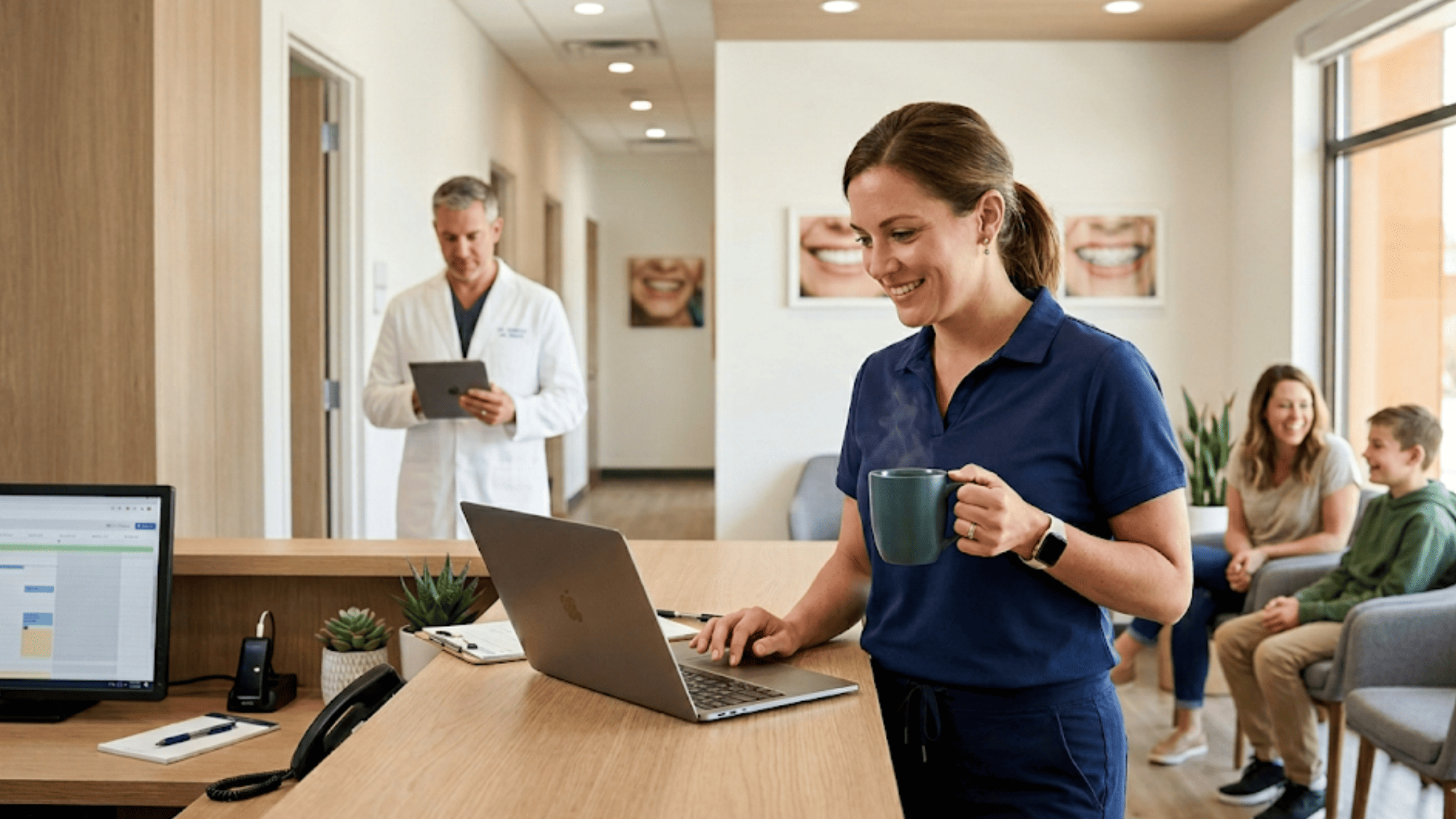 Front desk coordinator at a Dolphin ortho practice reviewing mobile-completed intake forms before the orthodontist starts the first consult