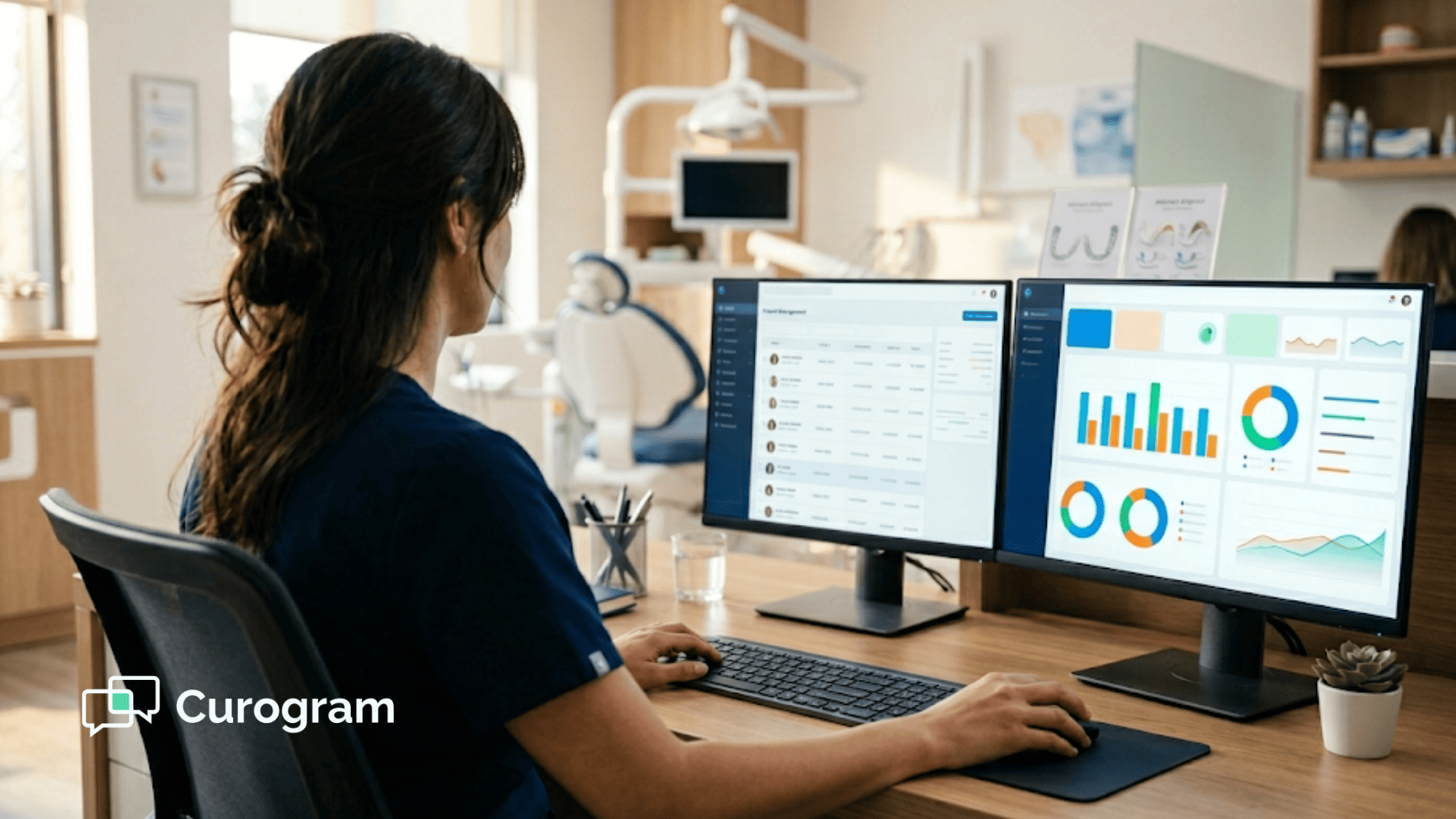 Ortho office staff member analyzing dormant patient reconversion data on a modern analytics dashboard at her front-desk workstation