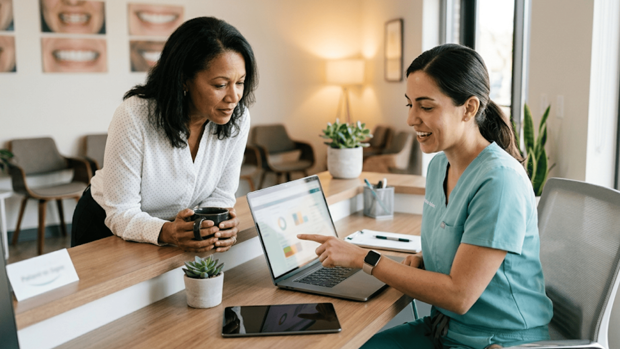Two ortho office staff members reviewing Dolphin recall campaign dashboard results together on a laptop