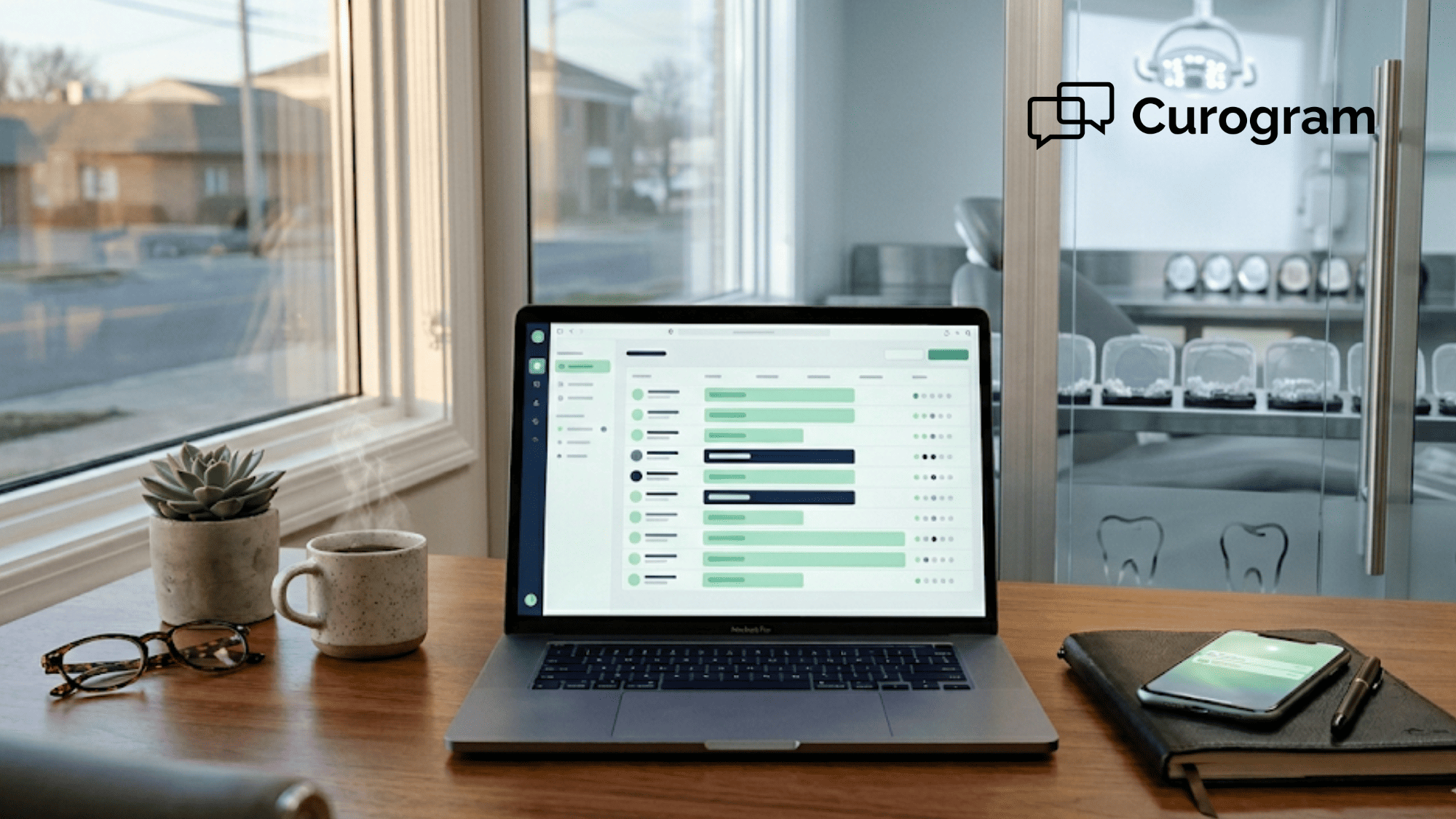 Orthodontic office desk at dawn with scheduling dashboard showing confirmed appointment rows in green