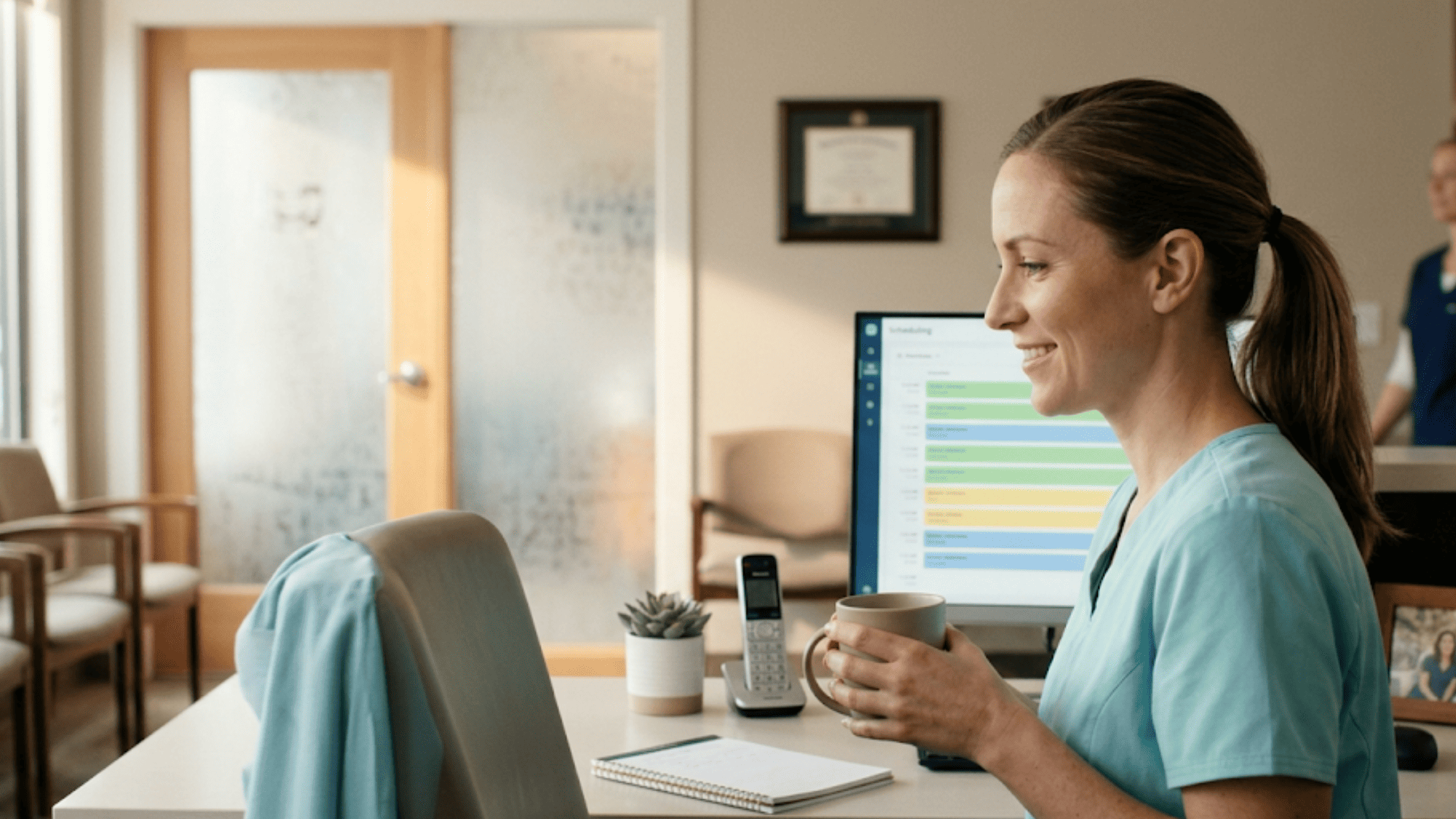 Ortho front desk coordinator reviewing color-coded scheduling screen on a calm morning