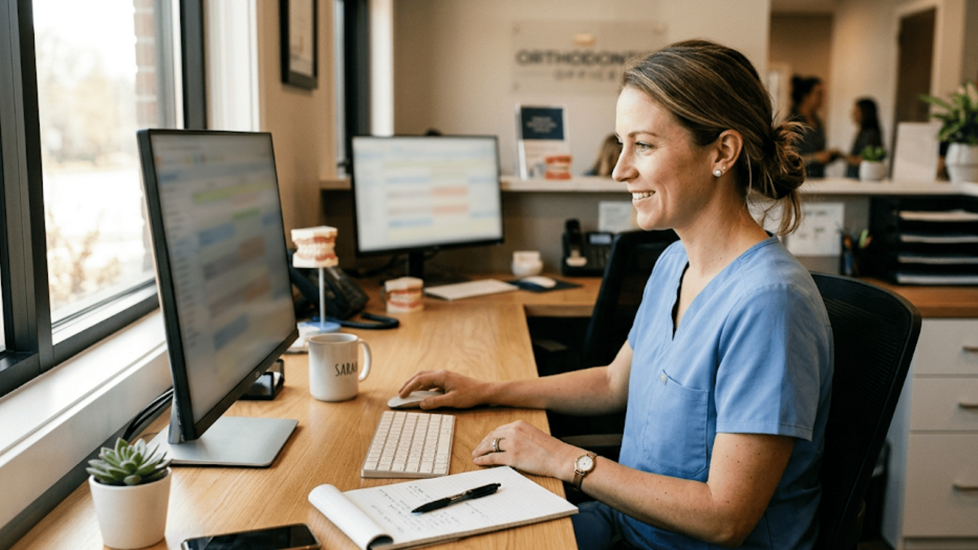 Ortho front-desk coordinator running a text recall campaign to book dormant patients for retainer checks on her computer