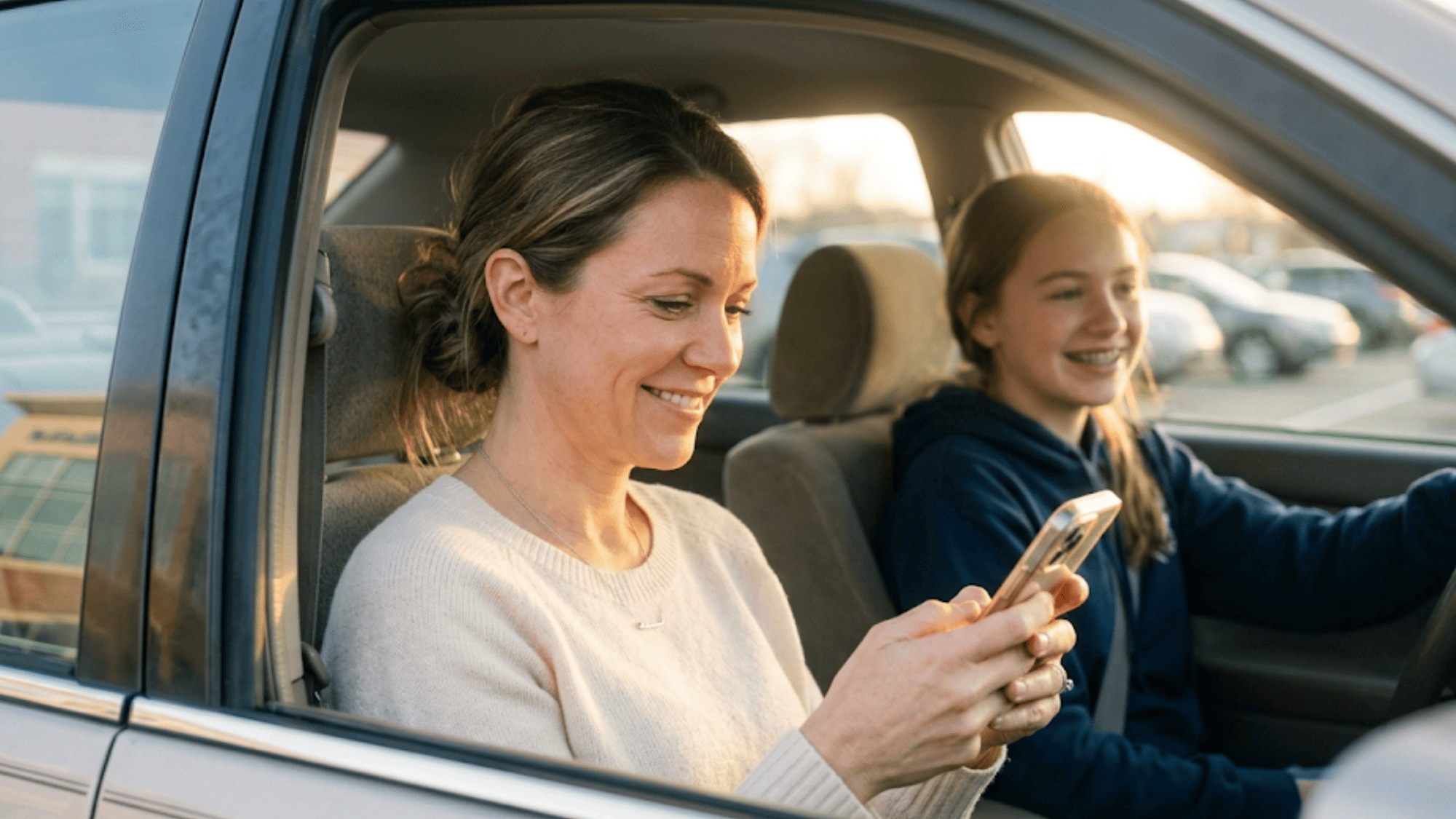Mother reading a Google review text on her phone after her daughter's debanding appointment