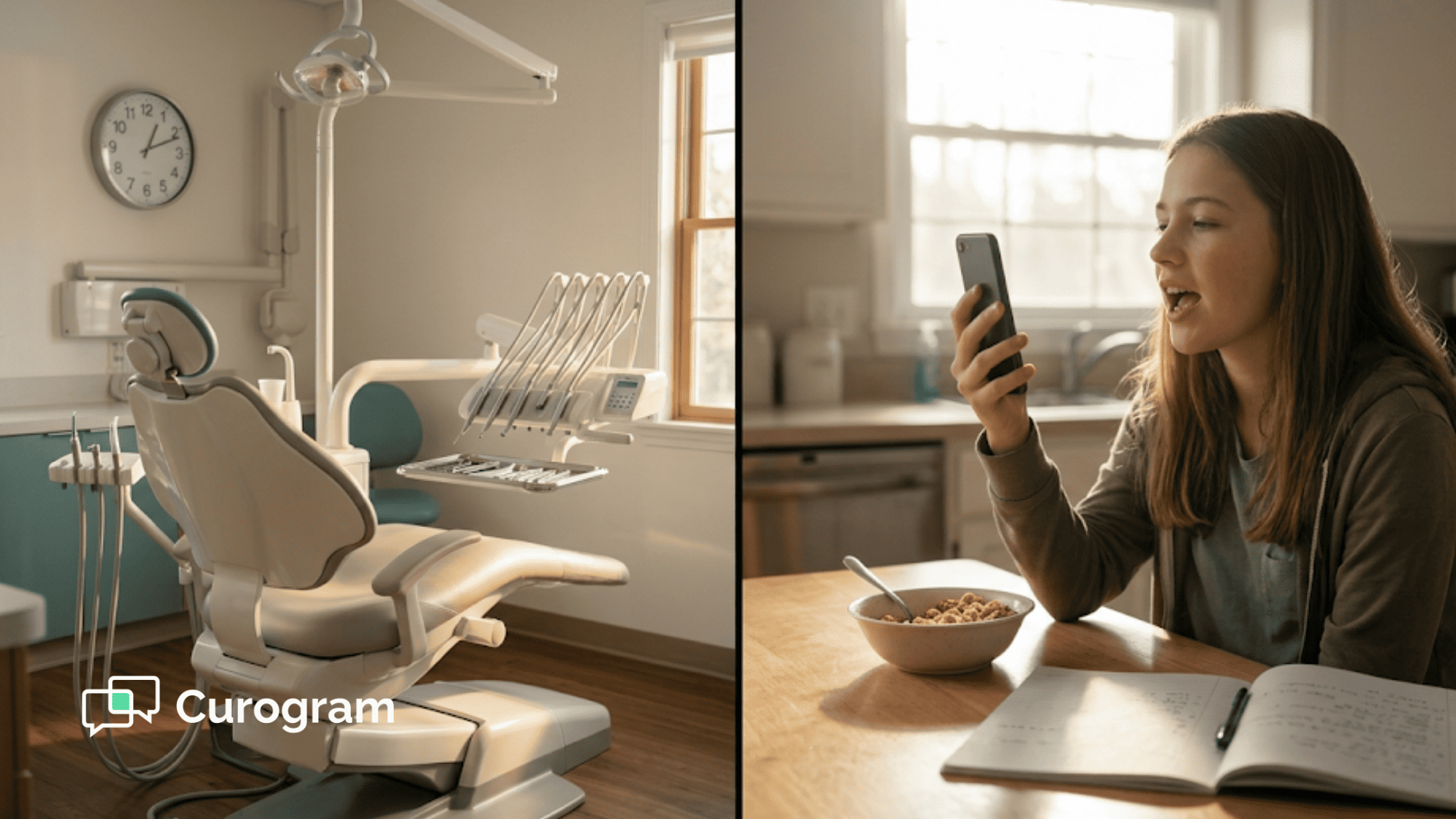 Split view of an unused dental chair and a patient completing a text-link video visit from home