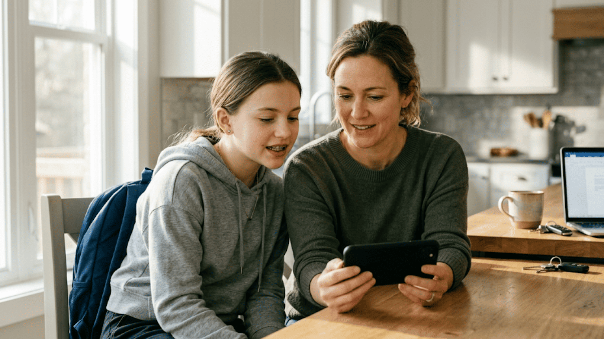 Mother and teen daughter attending a 5-minute virtual retainer check on a smartphone during a weekday morning