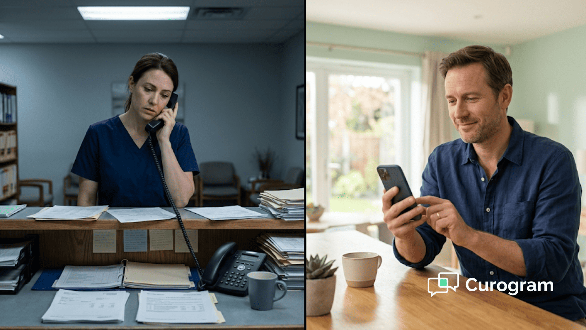 Split-panel image contrasting a tired orthodontic front desk staffer making collection calls with a relaxed patient paying on her smartphone at home