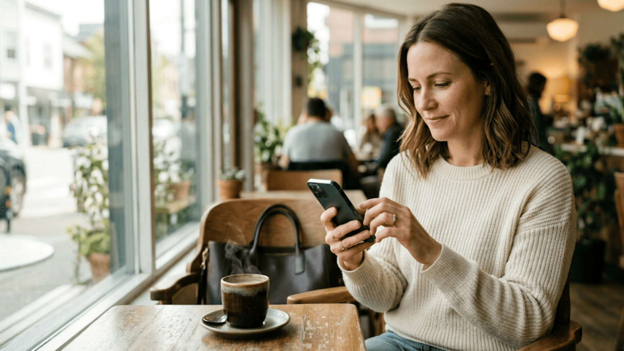 Woman in a café tapping her smartphone to pay an orthodontic balance through a secure SMS payment link