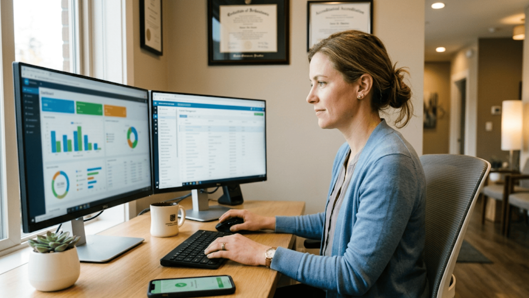 Focused ortho billing staff member tracking overdue balances and text-to-pay results using a collection tracking dashboard
