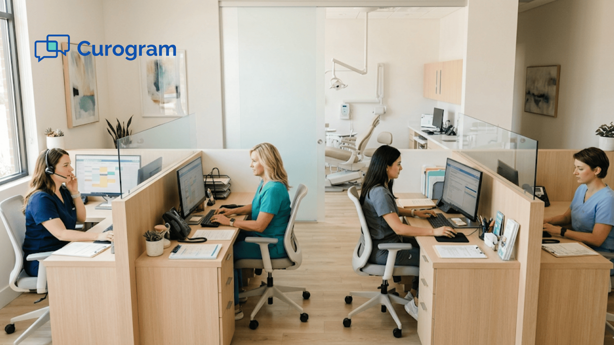 Orthodontic front desk staff working independently at separate workstations in a modern open-plan office