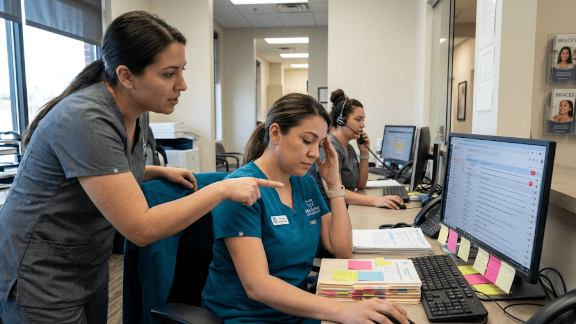 Frustrated orthodontic front desk coordinator handling a cluttered shared inbox while coworkers juggle messages nearby