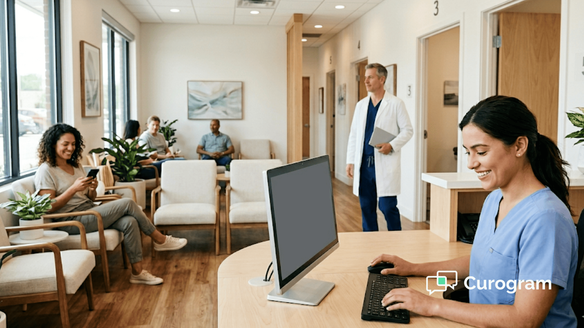 Medical practice front desk staff managing patient messages while provider walks between exam rooms with iPad