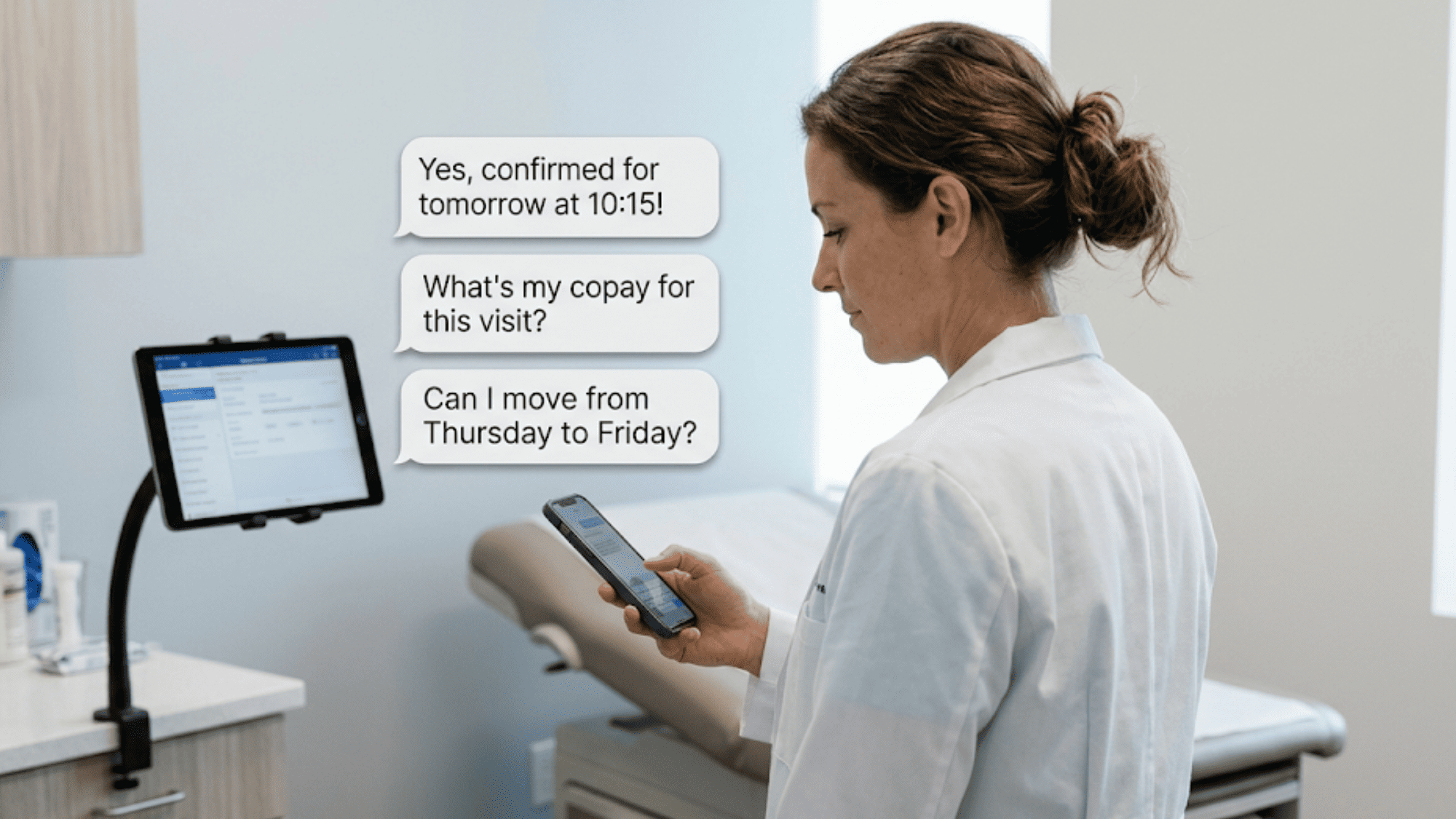 Healthcare provider reading patient text replies on smartphone between appointments in modern exam room