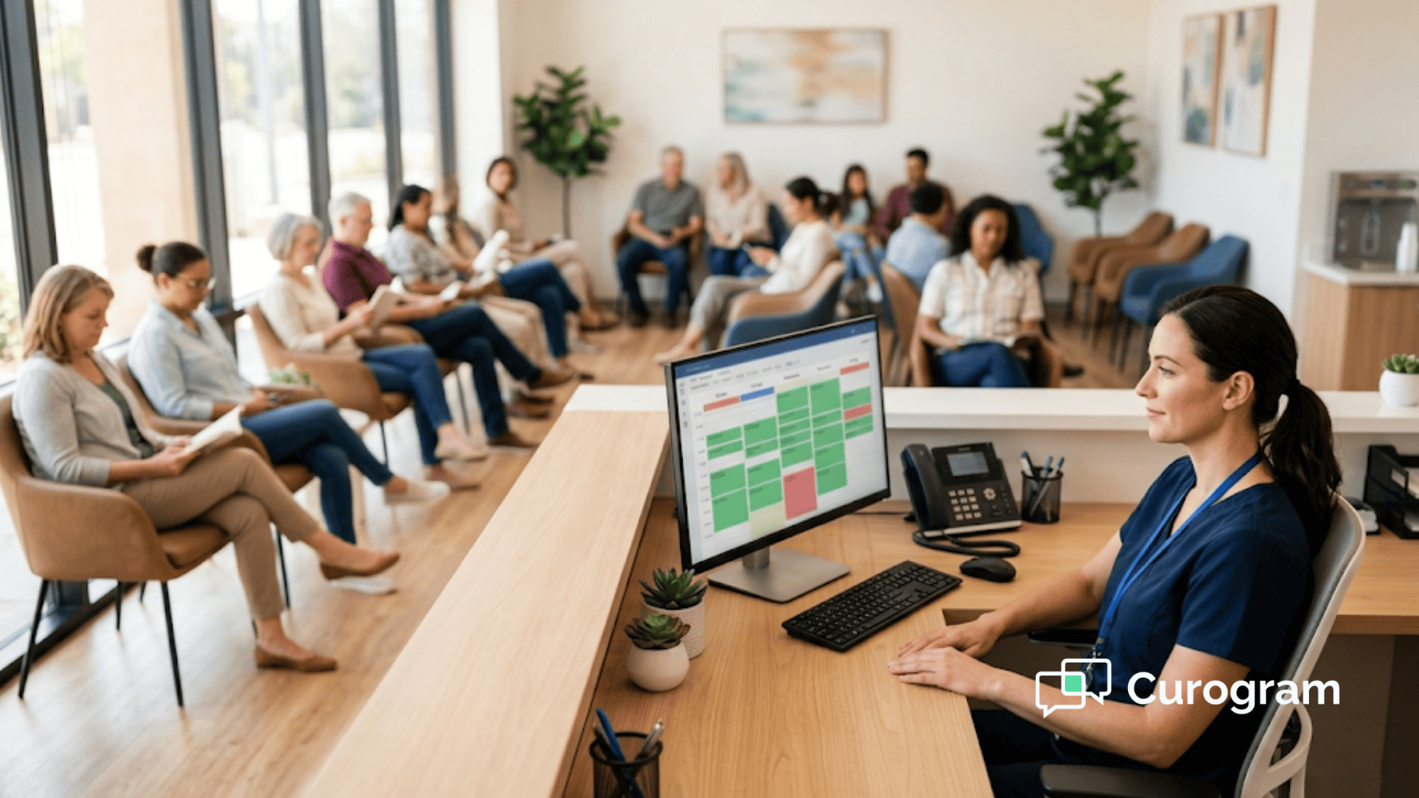 Relaxed medical clinic front desk with a full confirmed appointment schedule on screen