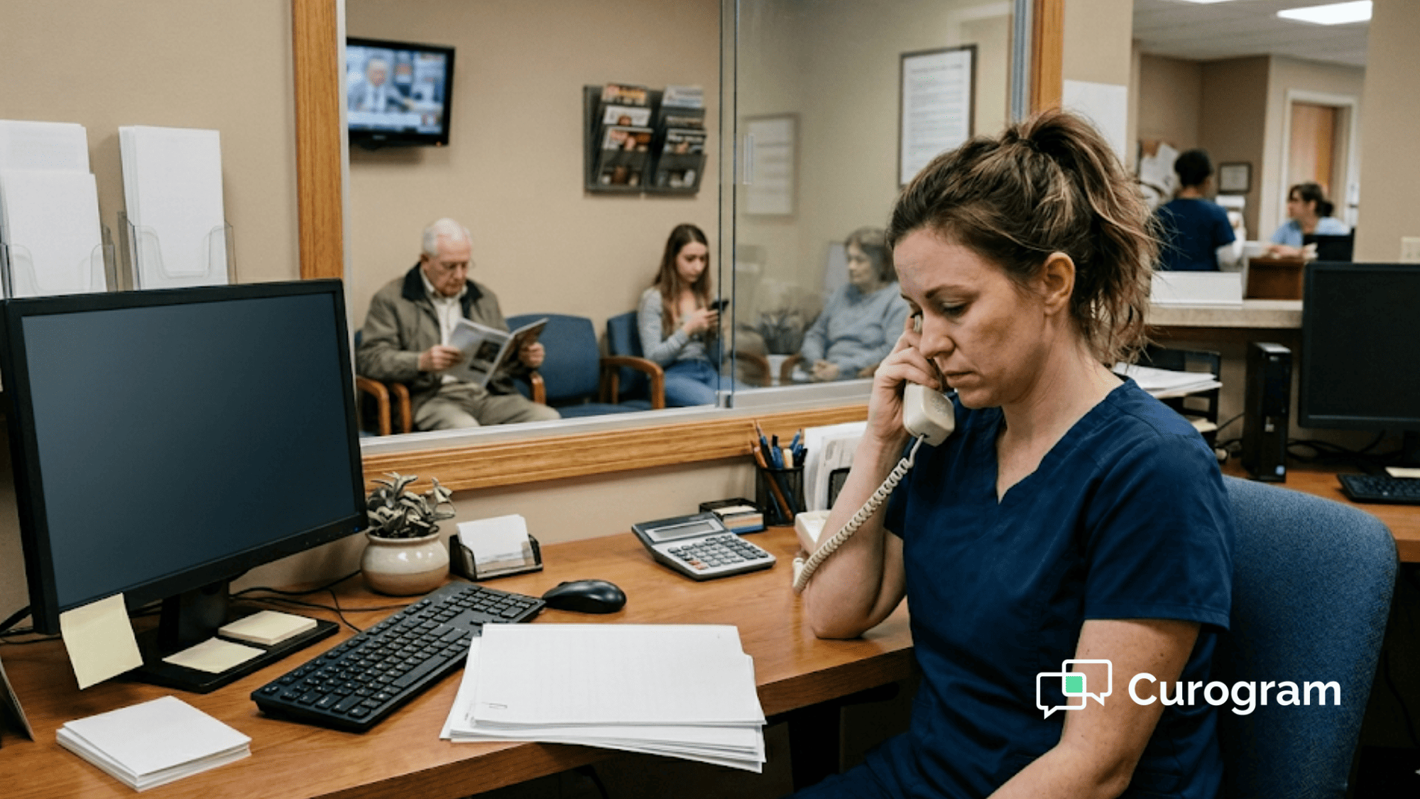 Medical billing staff member on phone making collection calls at small practice front desk