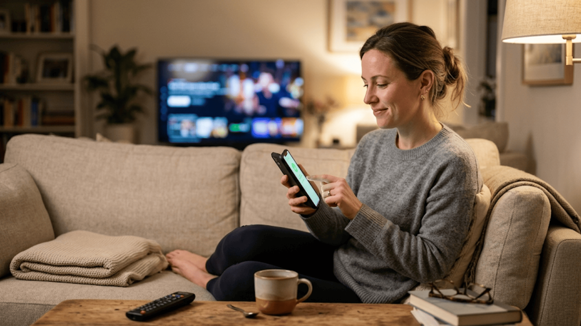 Woman tapping phone to pay doctor bill by text from home without calling the office