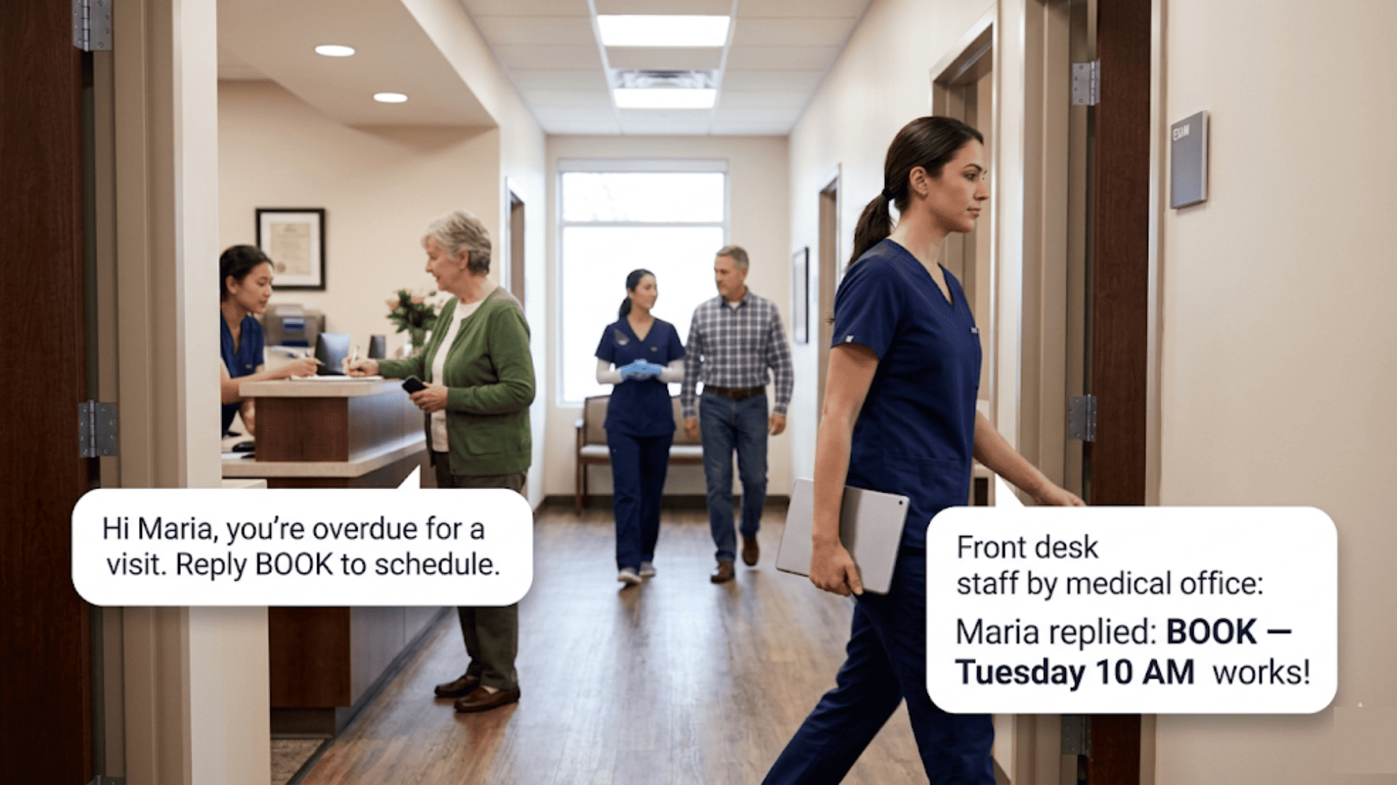 Medical office staff receiving patient reply to recall text message on tablet in clinic hallway