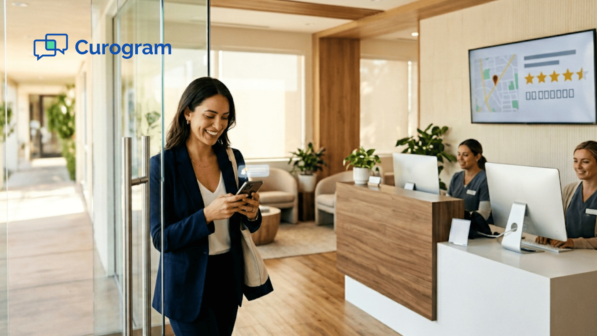 Patient leaving a medical practice while receiving an automated Google review request on their phone