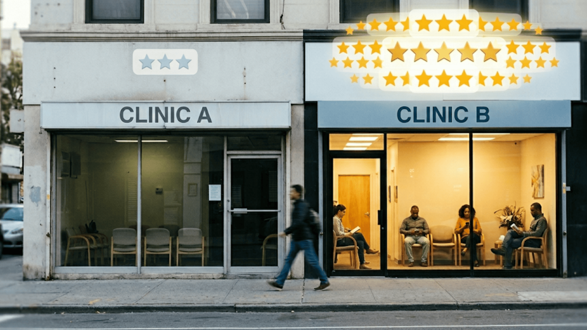 Two healthcare clinics on the same street with contrasting online review visibility and patient volume