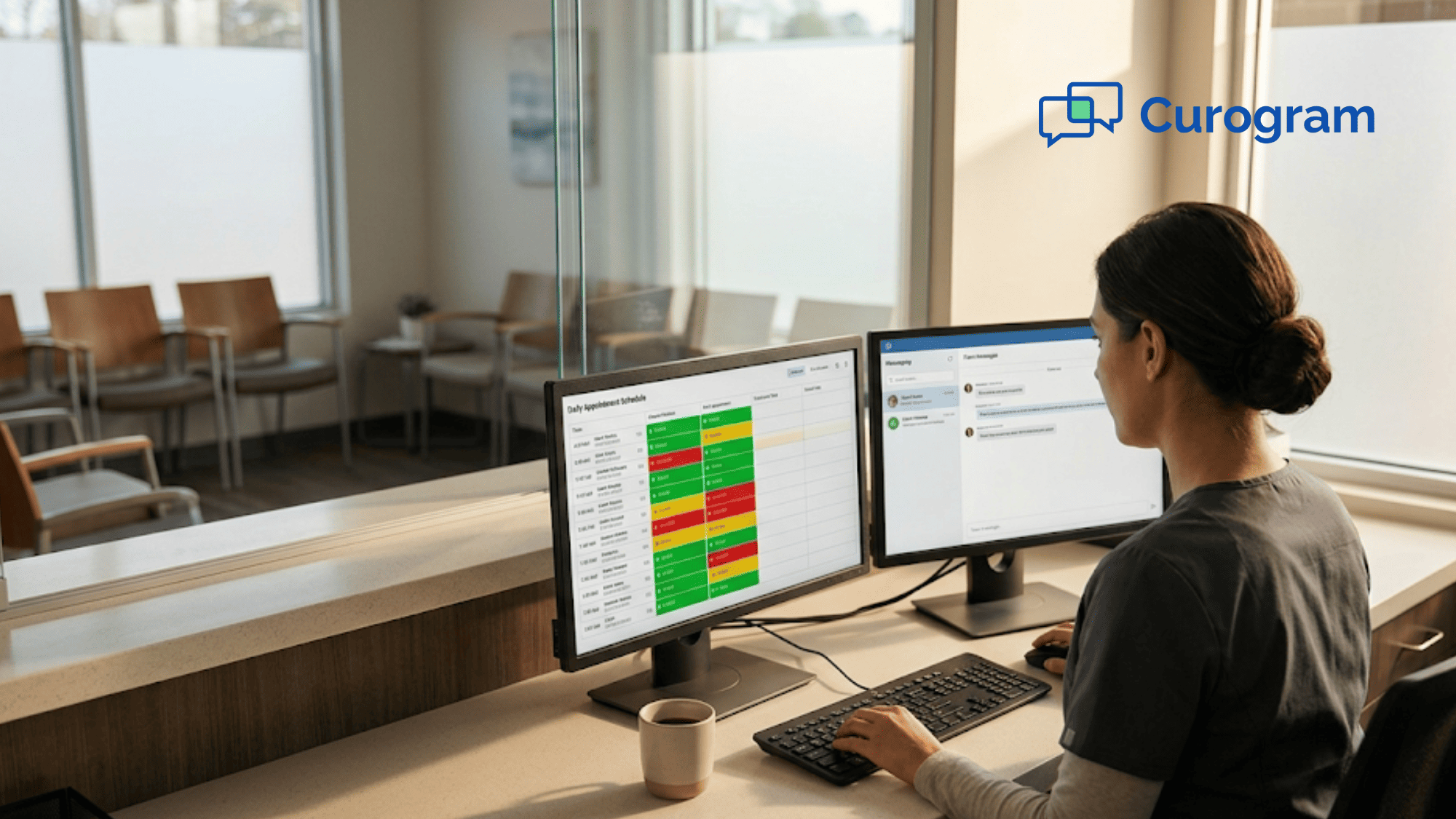 Front desk coordinator viewing color-coded DrChrono appointment confirmation dashboard on monitor at medical office