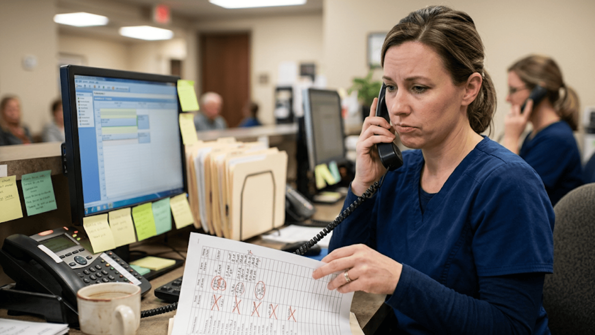 Stressed medical receptionist making manual phone calls to confirm unconfirmed patient appointments at busy front desk