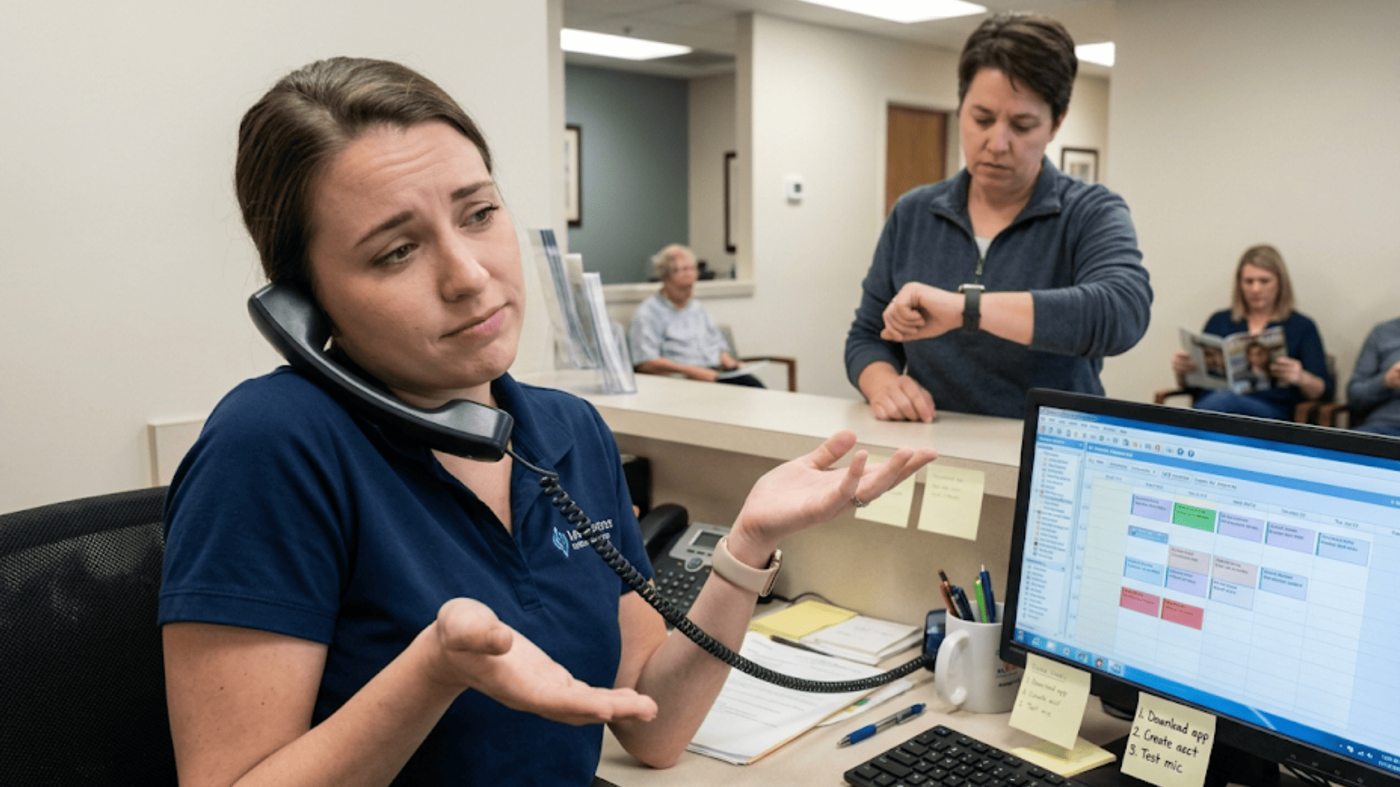 Frustrated front desk staffer on phone troubleshooting telehealth video visit while patients wait
